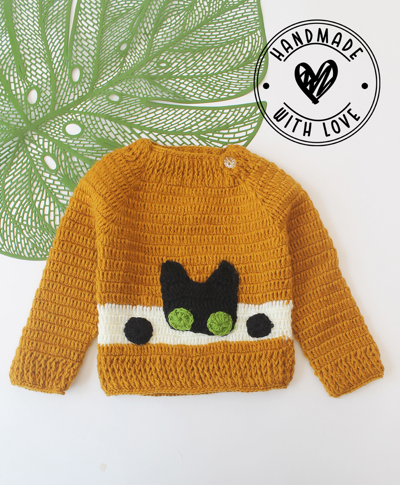Woonie Hand Knitted Full Sleeves Cat Embroidered Sweater - Mustard-image-24