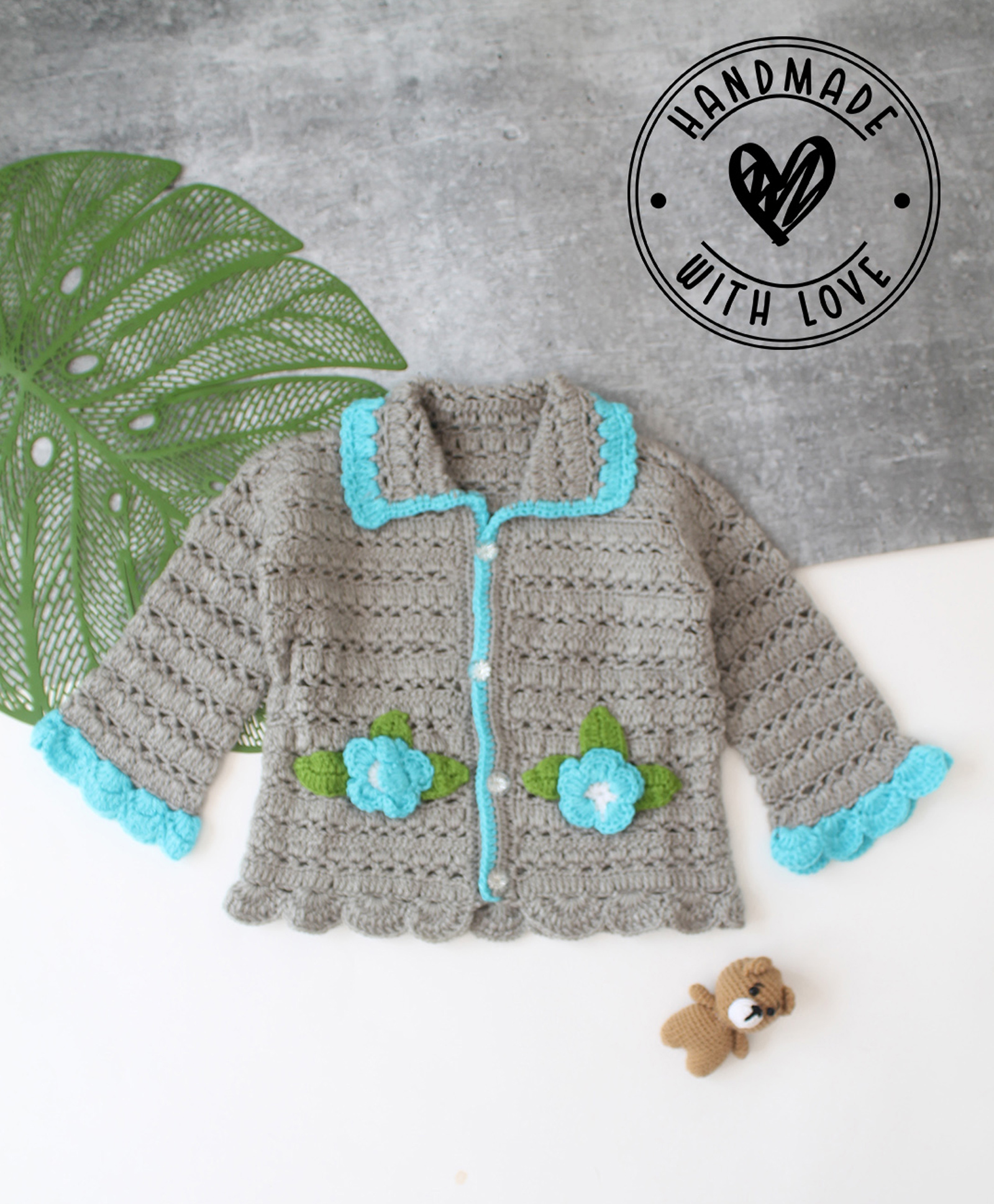 Woonie Hand Knitted Full Sleeves Floral Applique Detailed Sweater - Grey-picture-22