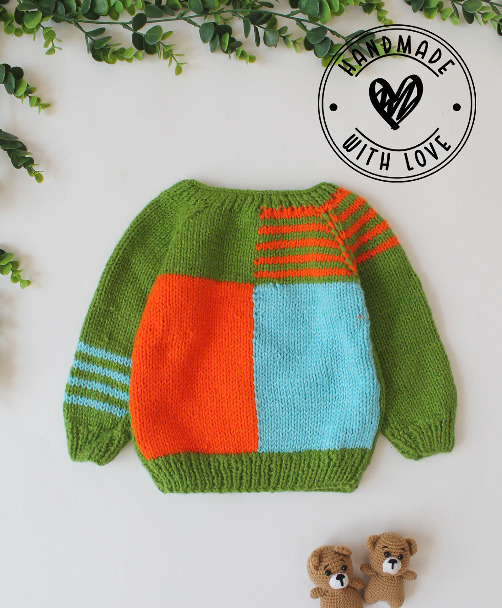 Woonie Hand Knitted Full Sleeves Colour Blocked Crochet Sweater - Green-image-19