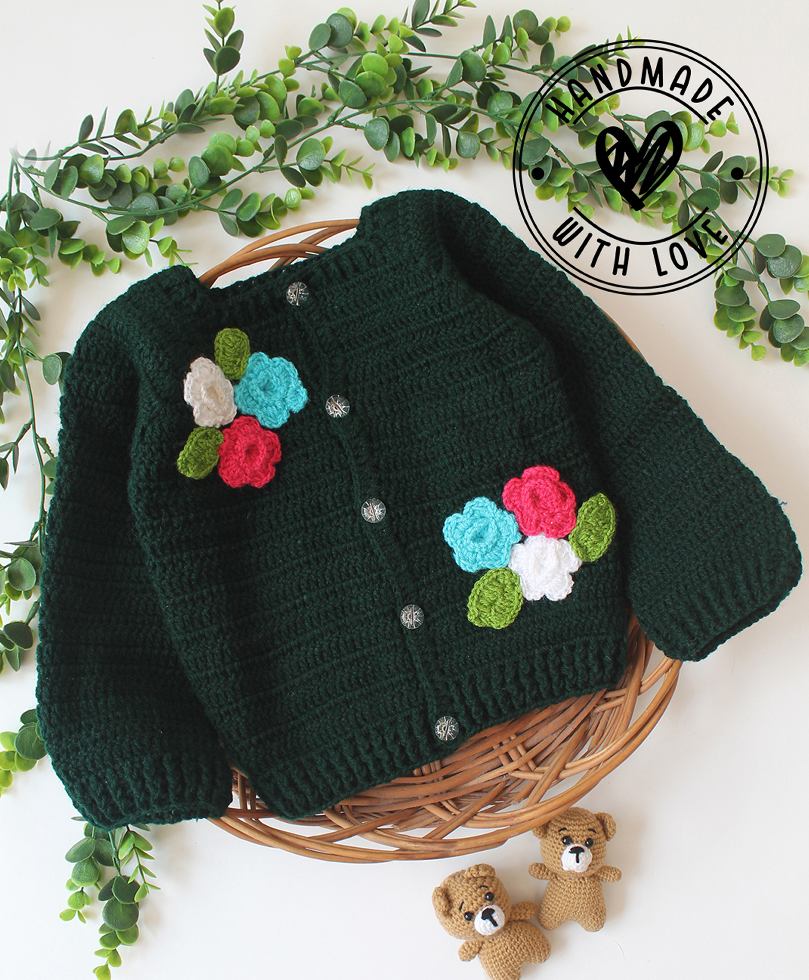 Woonie Hand Knitted Full Sleeves Floral Crochet Designed Sweater - Green-picture-19