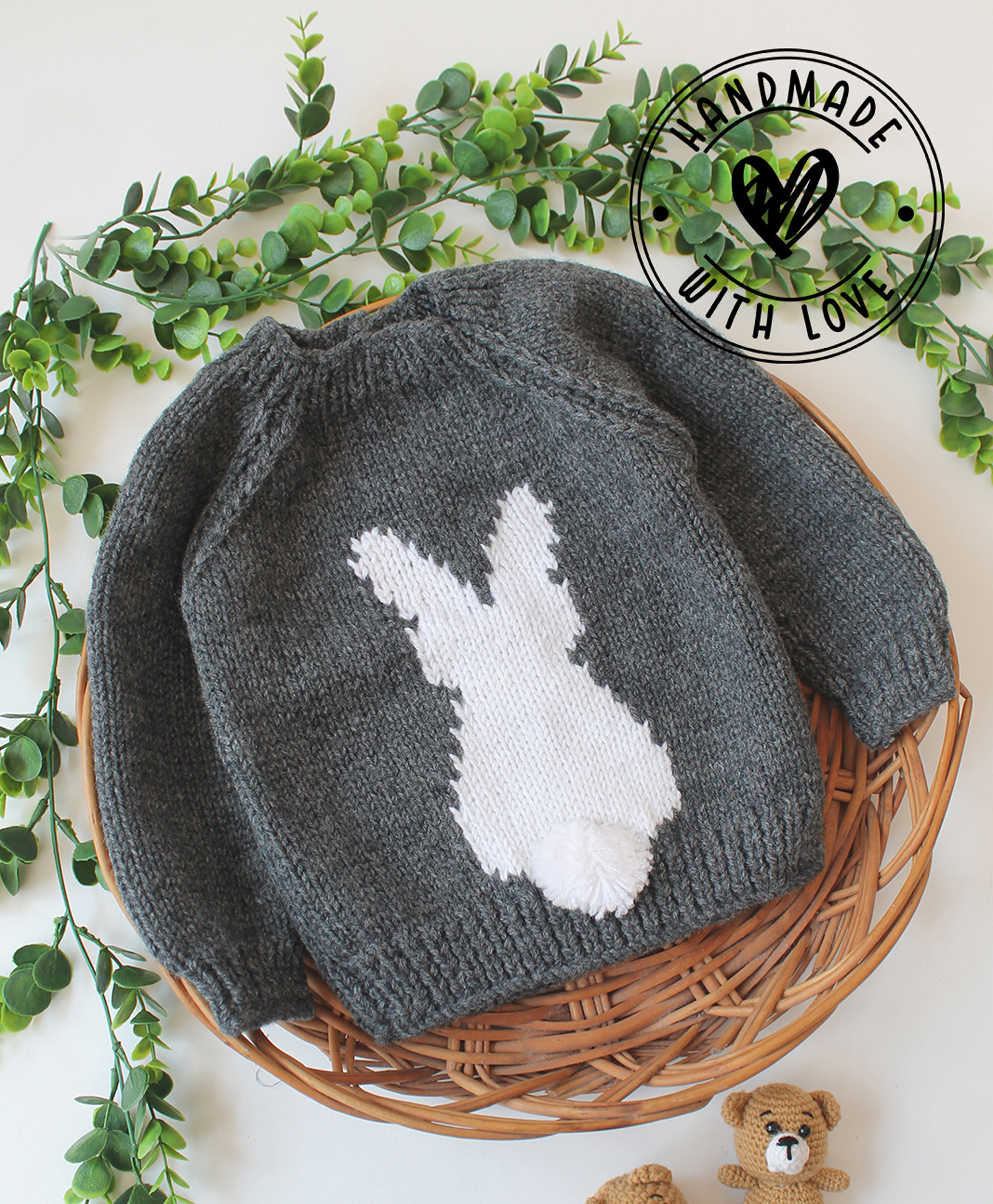 Woonie Hand Knit Full Sleeves Bunny Designed Sweater - Grey-image-46