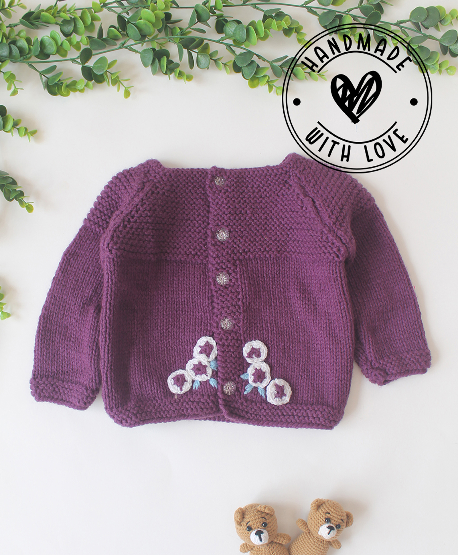 Woonie Hand Knit Full Sleeves Floral Applique Detailed Sweater - Purple-picture-30