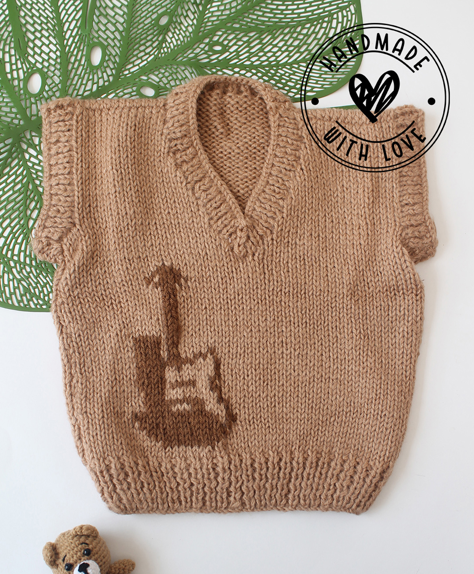 Woonie Hand Knit Sleeveless Guitar Designed Sweater Vest - Beige-image-34