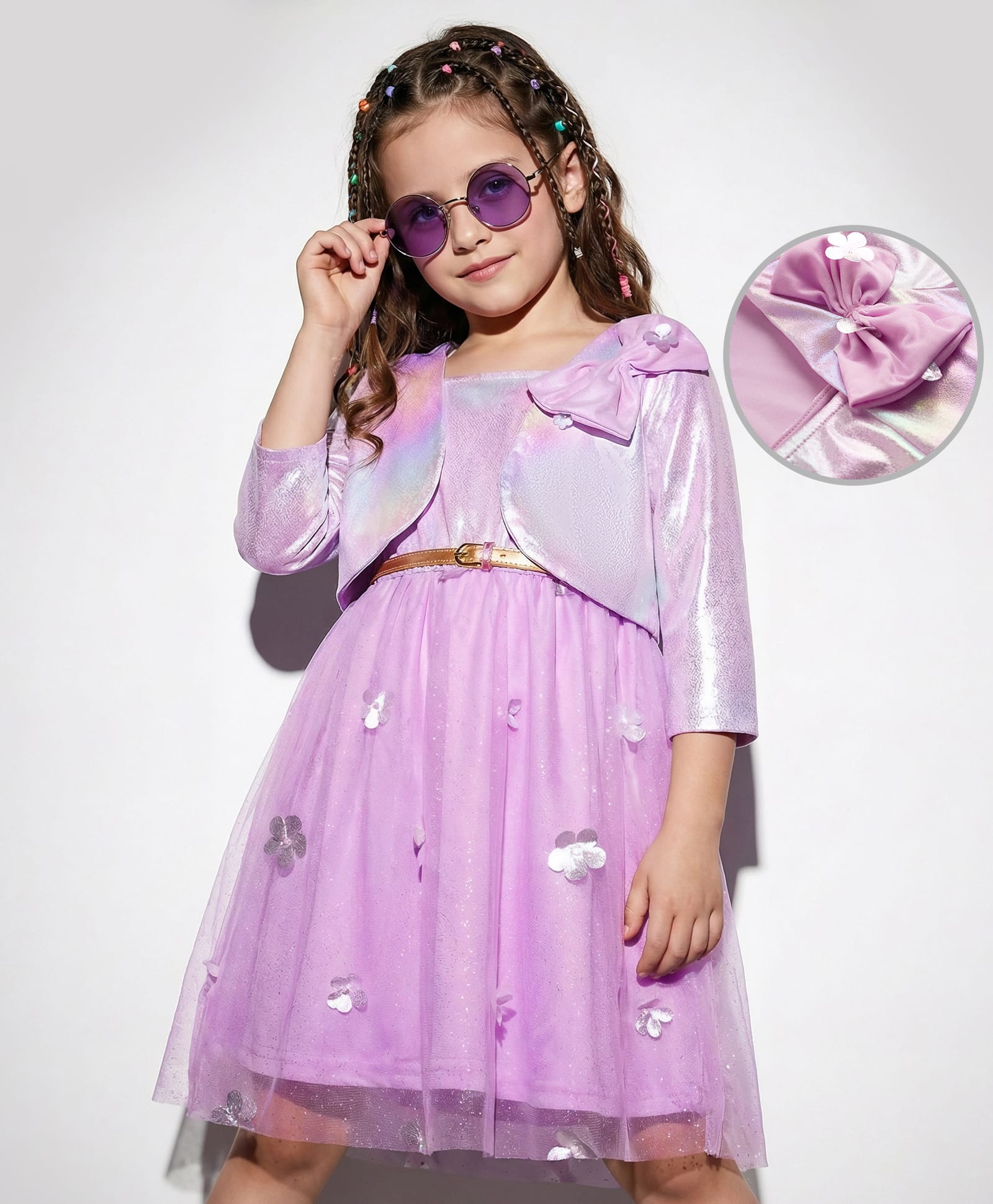 Hola Bonita Knit Shimmered Full Sleeves Shrug With Flower Applique Party Dress With Belt- Lilac-image-1