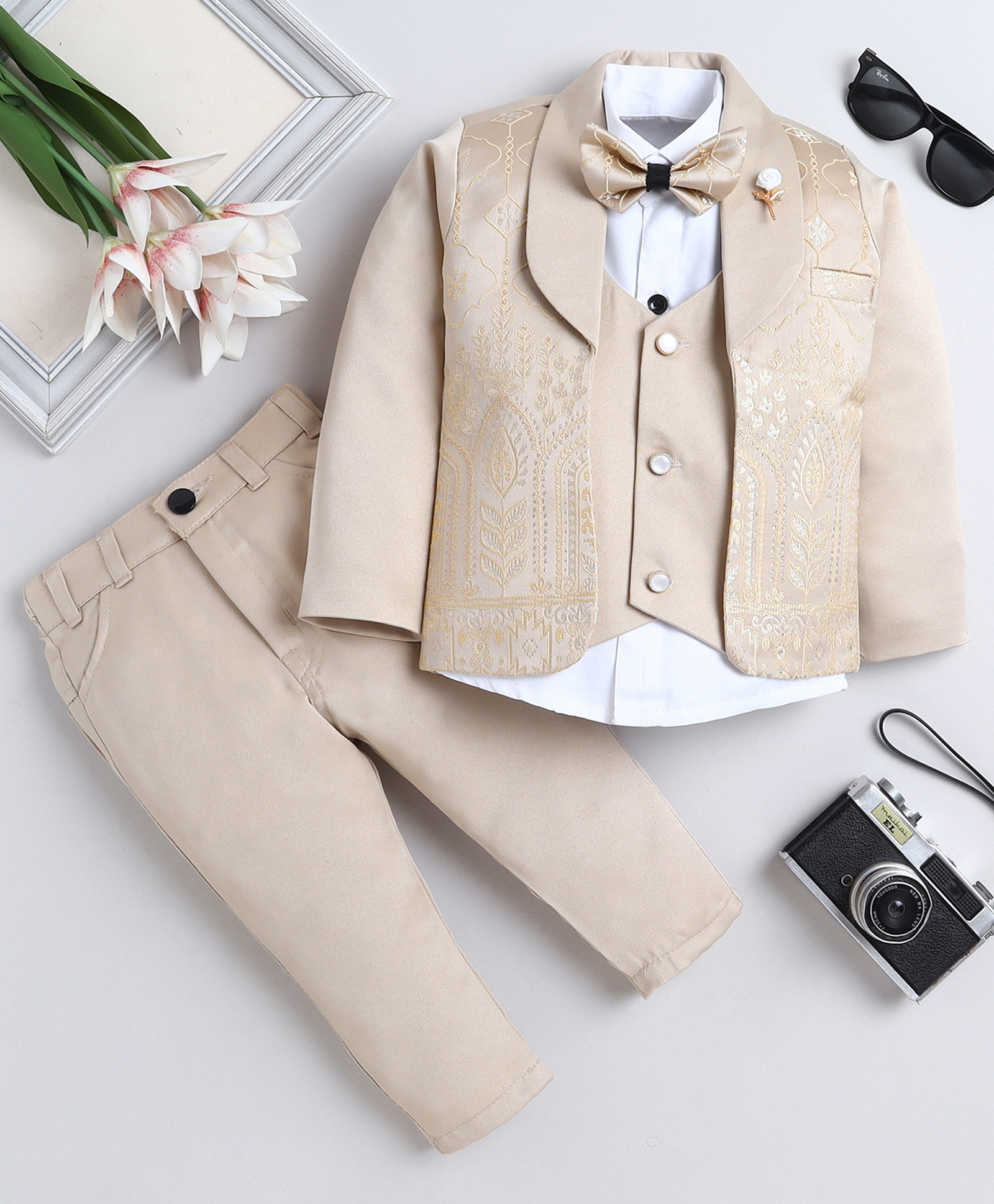 Fourfolds Woven Full Sleeves Leaf Motifs Embroidered 3 Piece Party Suit Set With Bow - Beige-picture-23