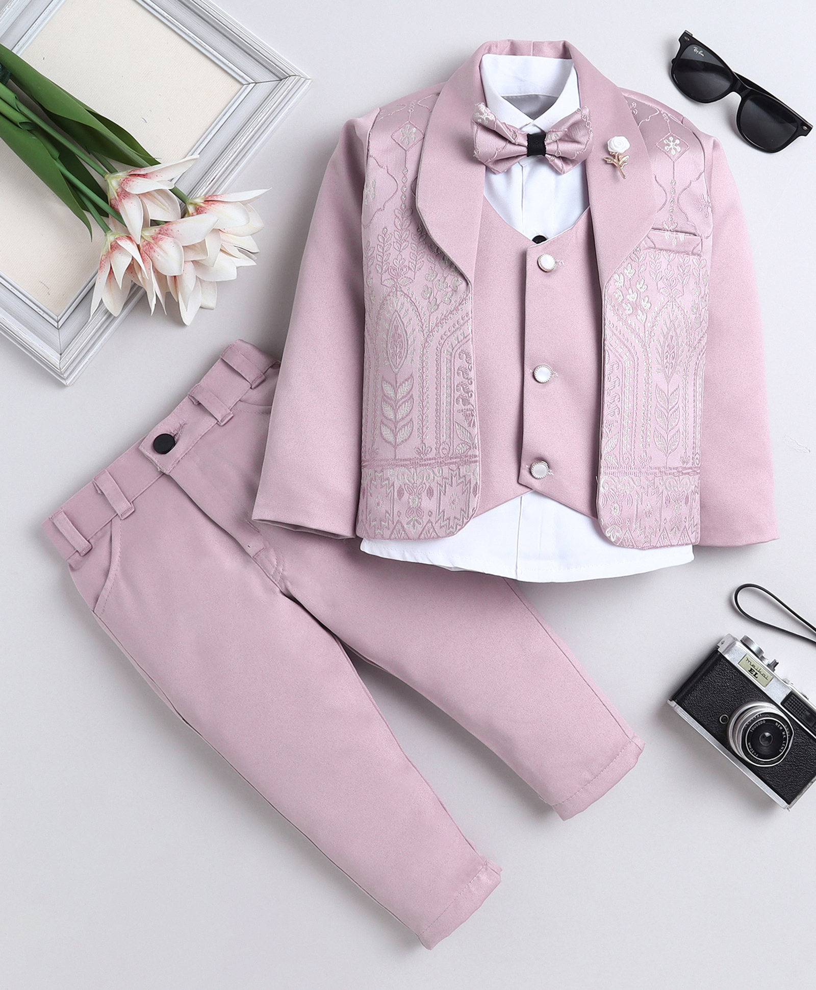 Fourfolds Woven Full Sleeves Leaf Motifs Embroidered 3 Piece Party Suit Set With Bow - Pink-picture-22