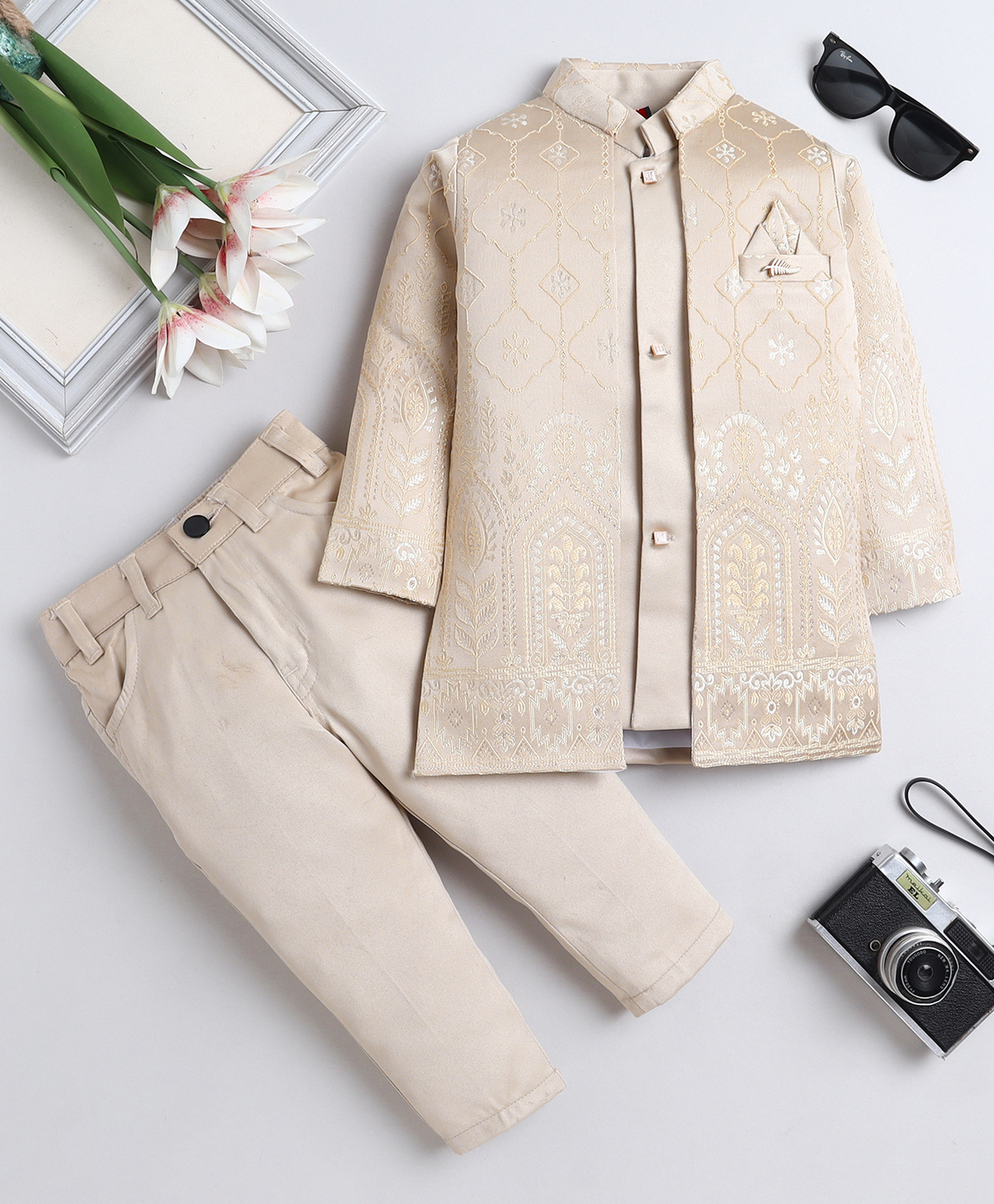 Fourfolds Woven Solid Sherwani Pant With Full Sleeves Floral Embroidered Jacket Set - Beige-image-20