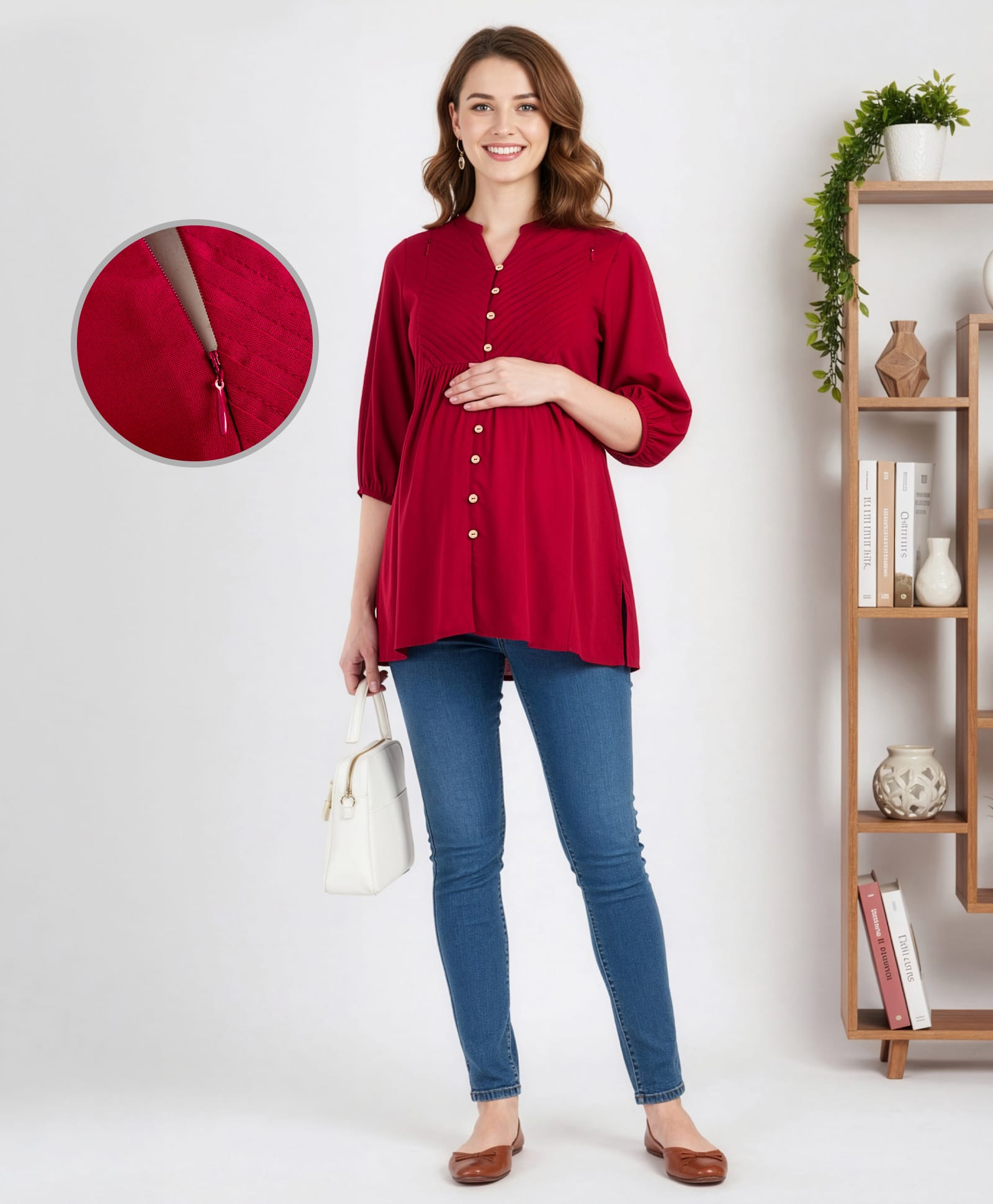 Bella Mama Woven Three Fourth Sleeves Solid Color Pleated Yoke Maternity Top - Maroon