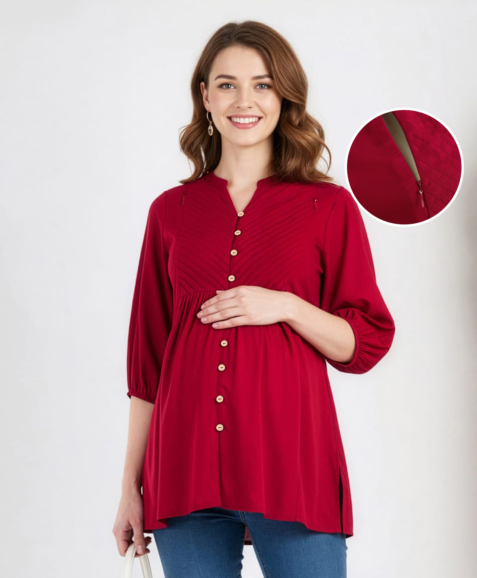 Bella Mama Woven Three Fourth Sleeves Solid Color Pleated Yoke Maternity Top - Maroon-picture-19