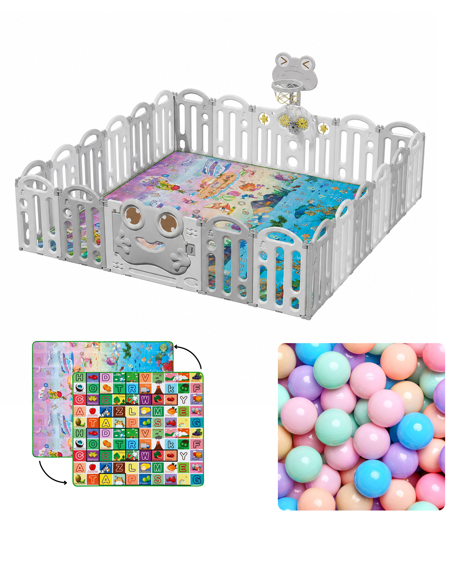 Kids Station Frog Grey Baby Play Yard Play Pen 150x180 cm Safe Indoor Activity Pen for Infants & Toddlers with Storage Pockets & Anti-Fall Grasp Rings-image-42