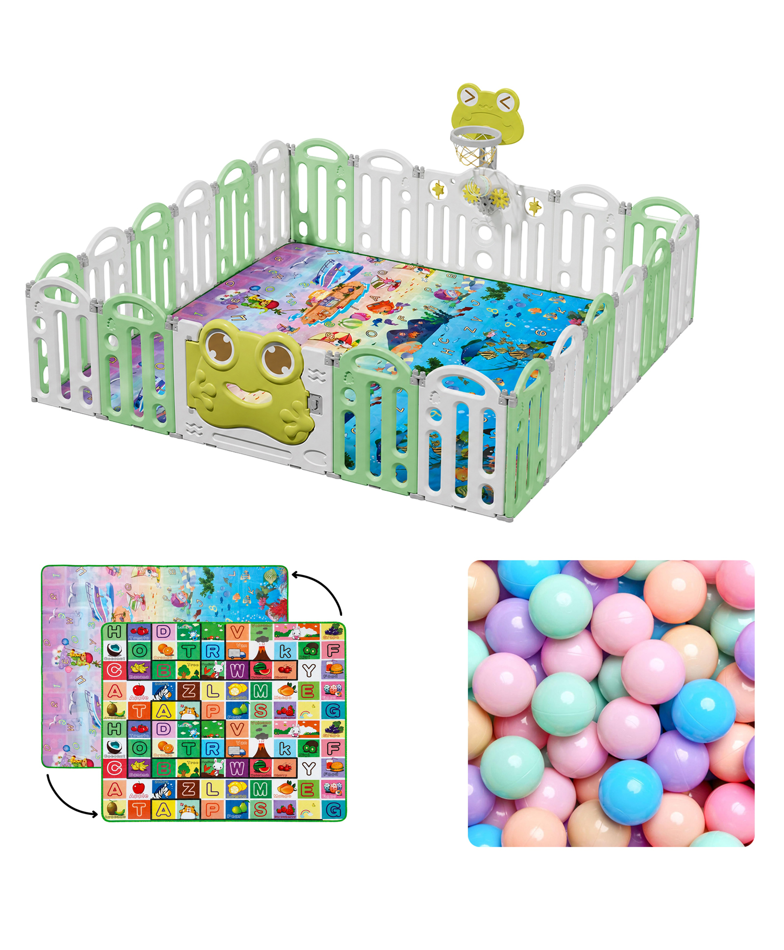 Kids Station Frog Green Baby Play Yard Play Pen 150x180 cm Safe & Durable Indoor Activity Pen for Infants & Toddlers with Storage Pockets-picture-25