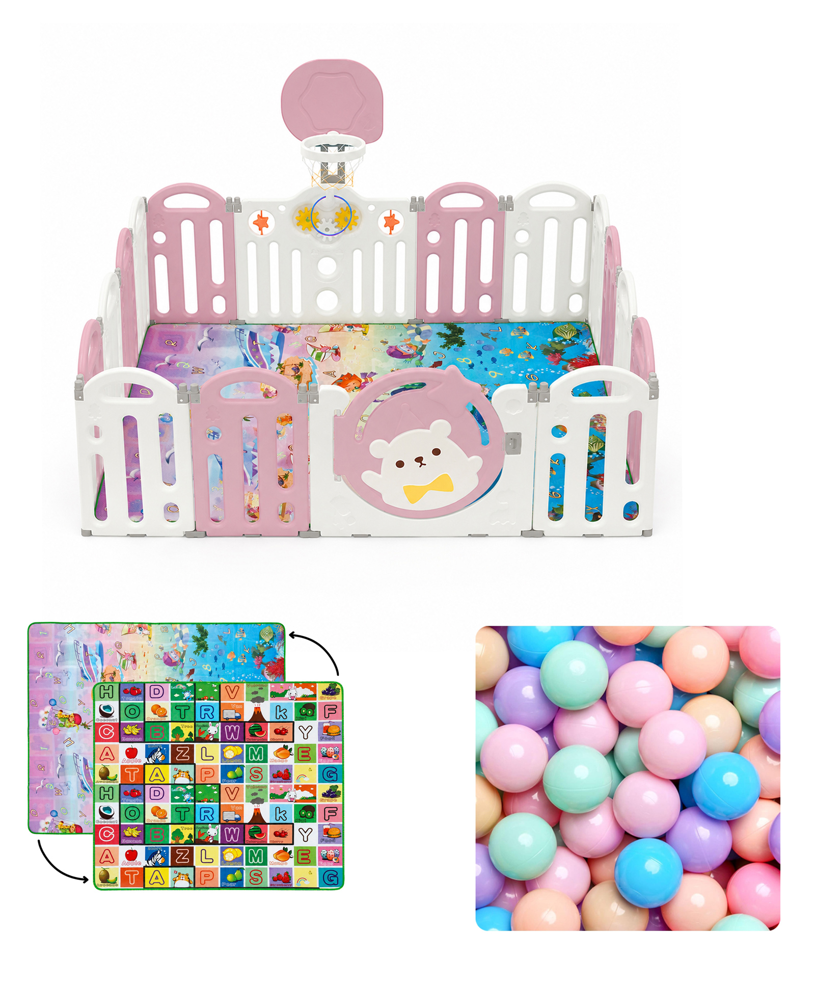 Kids Station Bear Pink Baby Play Yard Play Pen 150x180 cm Safe Indoor Play Area for Infants & Toddlers with Storage Pockets & Anti-Fall Grasp Rings-image-40