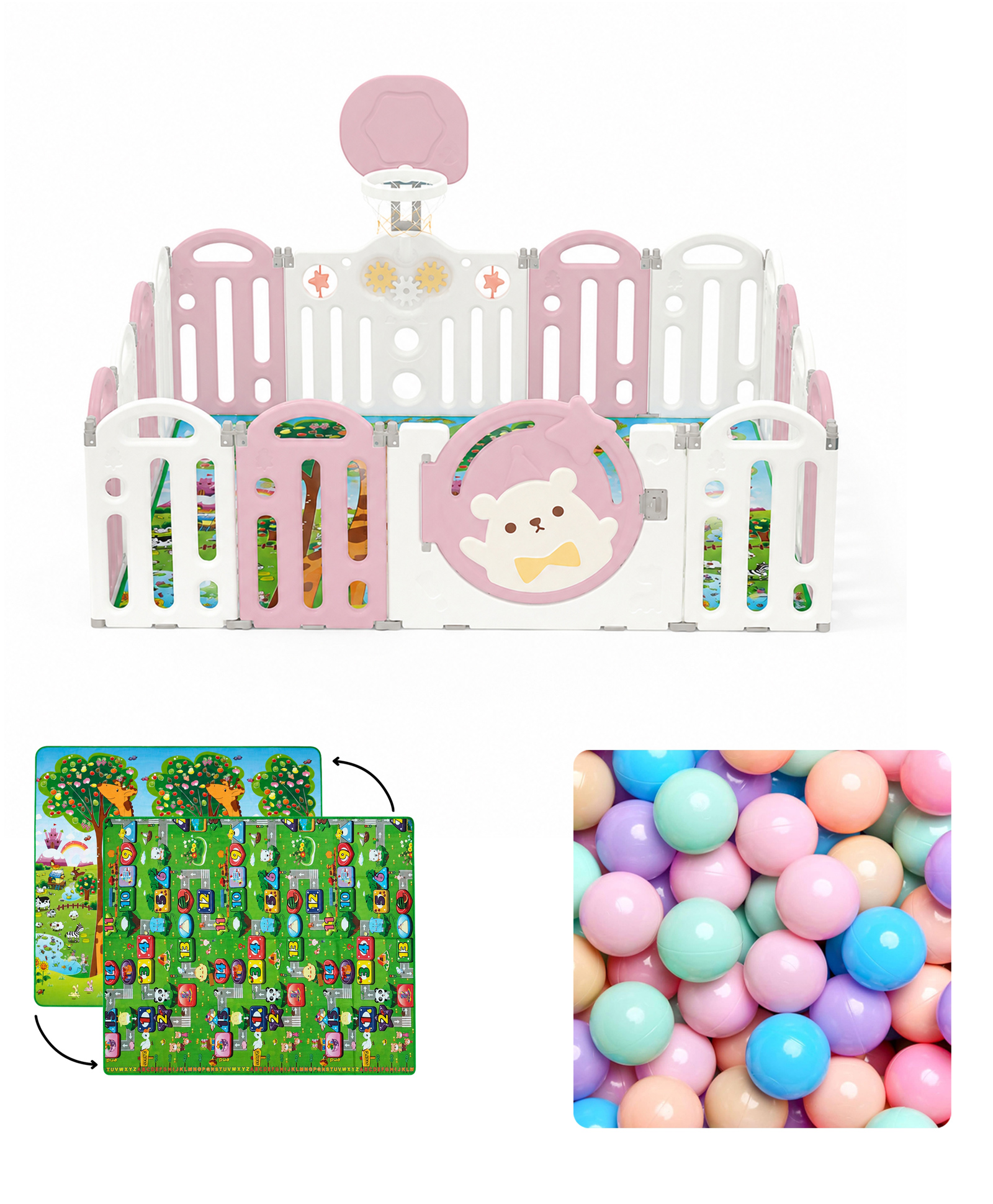 Kids Station Bear Pink Baby Play Yard Play Pen 180x200 cm Large Indoor Play Pen for Babies & Toddlers with Safety Features and Storage Pockets-image-40