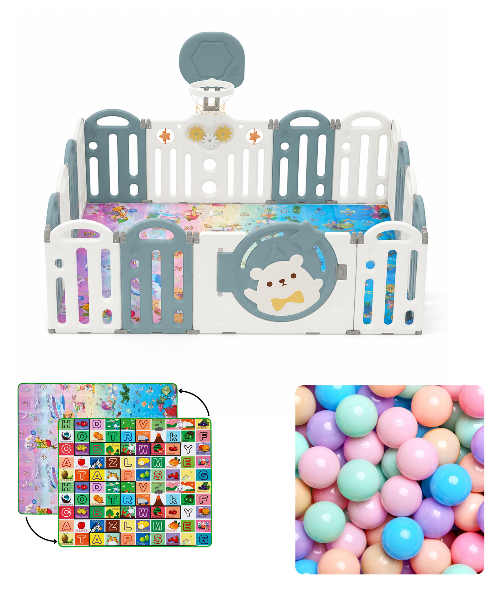 Kids Station Bear Blue Baby Play Yard Play Pen 150x180 cm Safe & Durable Indoor Activity Pen for Infants & Toddlers with Storage Pockets-image-30
