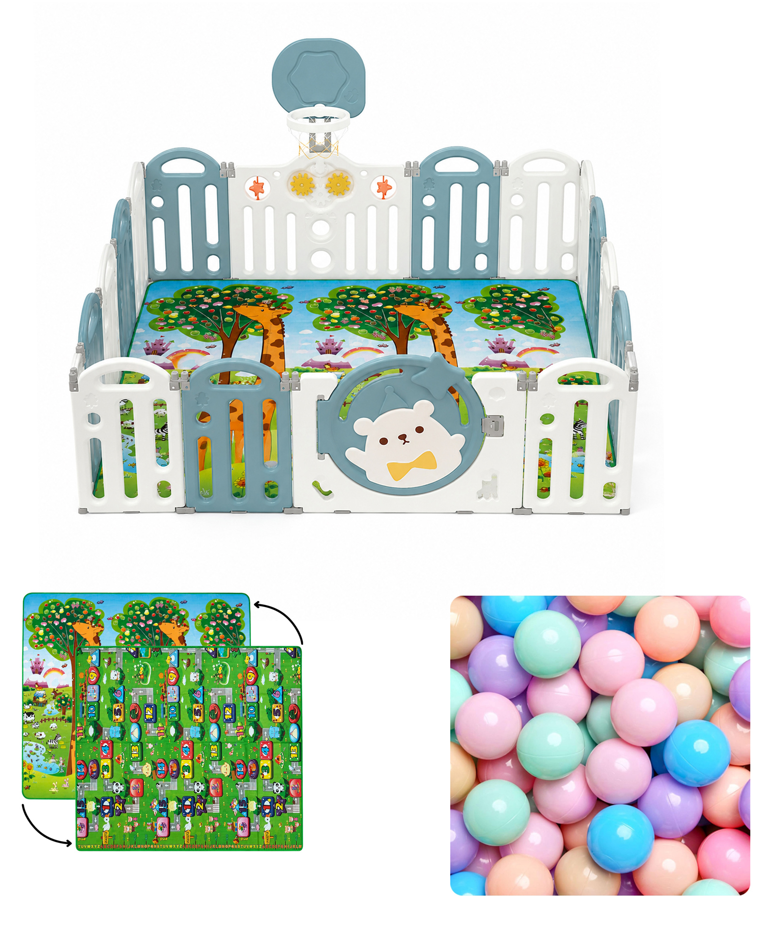 Kids Station Bear Blue Baby Play Yard Play Pen 180x200 cm Spacious Indoor Play Area for Babies & Toddlers with Anti-Fall Grasp Rings & Storage-picture-16