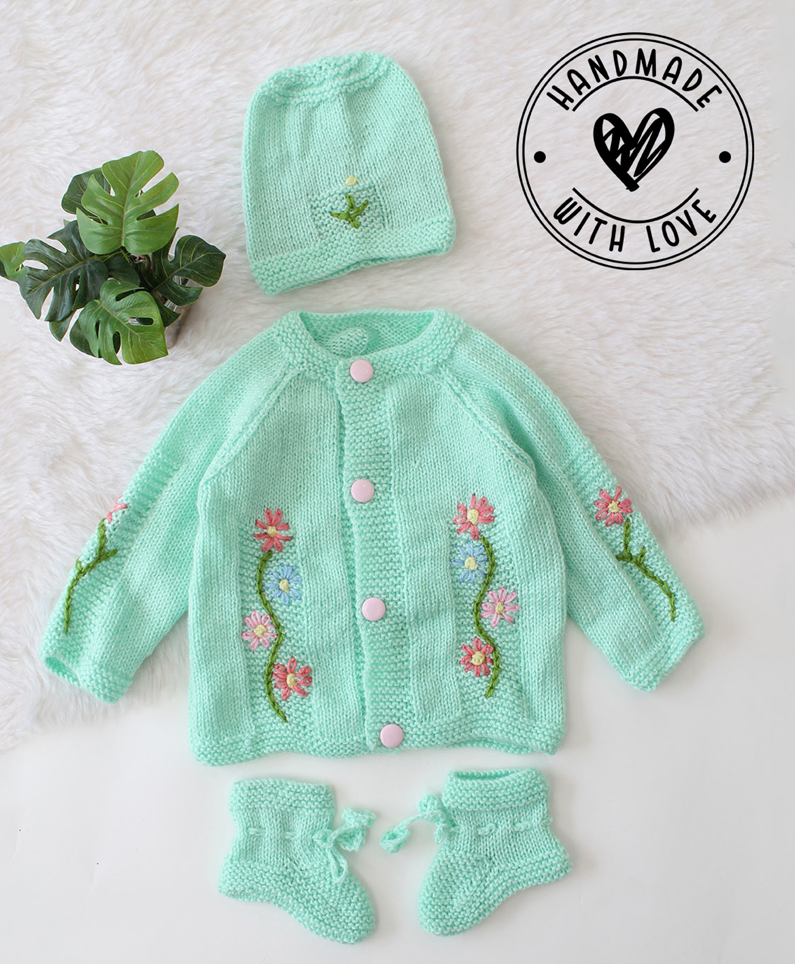 Woonie Hand Knitted Full Sleeves Floral Embroidered Sweater With Cap & Socks Set - Green-picture-35