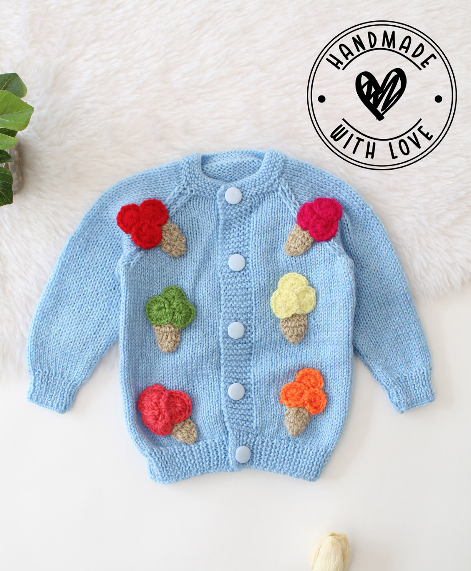 Woonie Hand Knitted Full Sleeves Ice Cream Designed Sweater - Sky Blue-image-25
