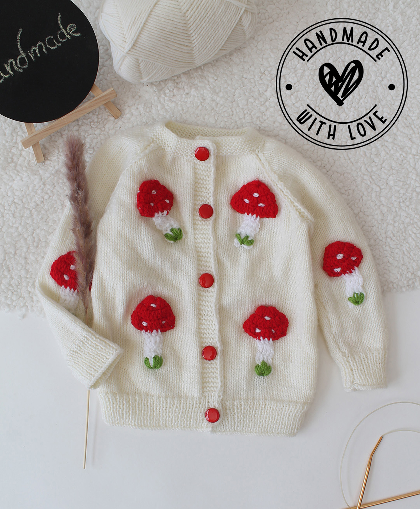 Woonie Hand Knitted Full Sleeves Mushroom Designed Sweater - Cream-picture-27