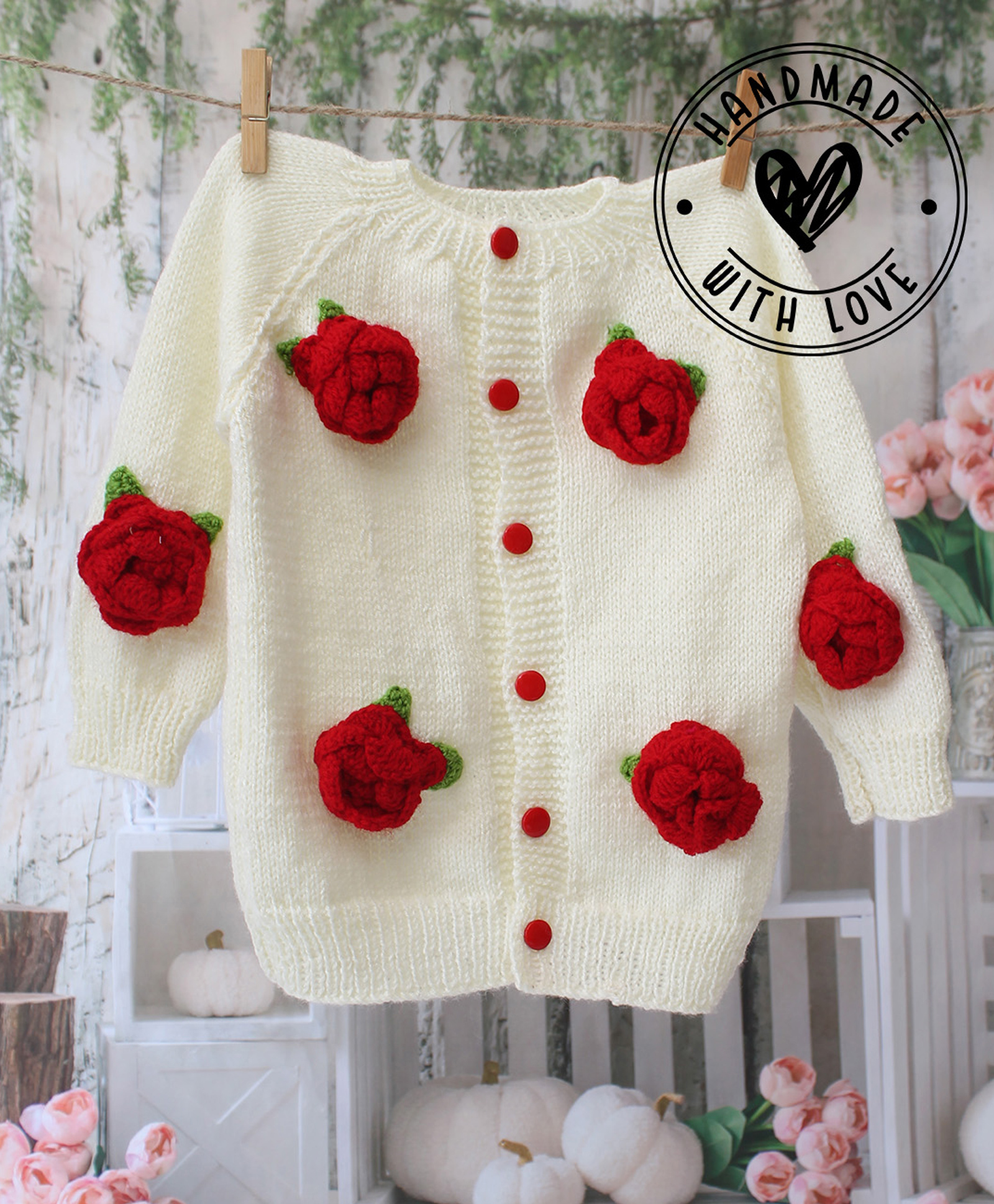 Woonie Hand Knitted Full Sleeves Rose Designed Sweater - Cream-picture-17