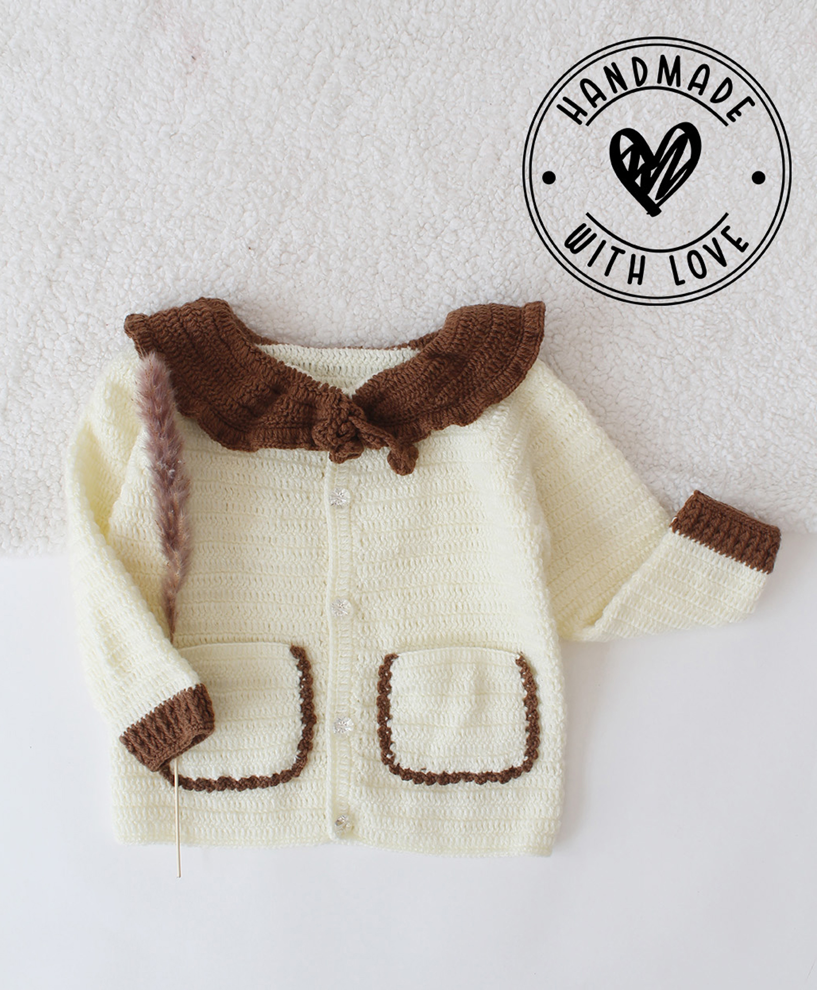 Woonie Hand Knitted Full Sleeves Self Designed Peter Pan Collared Sweater - Cream-picture-24