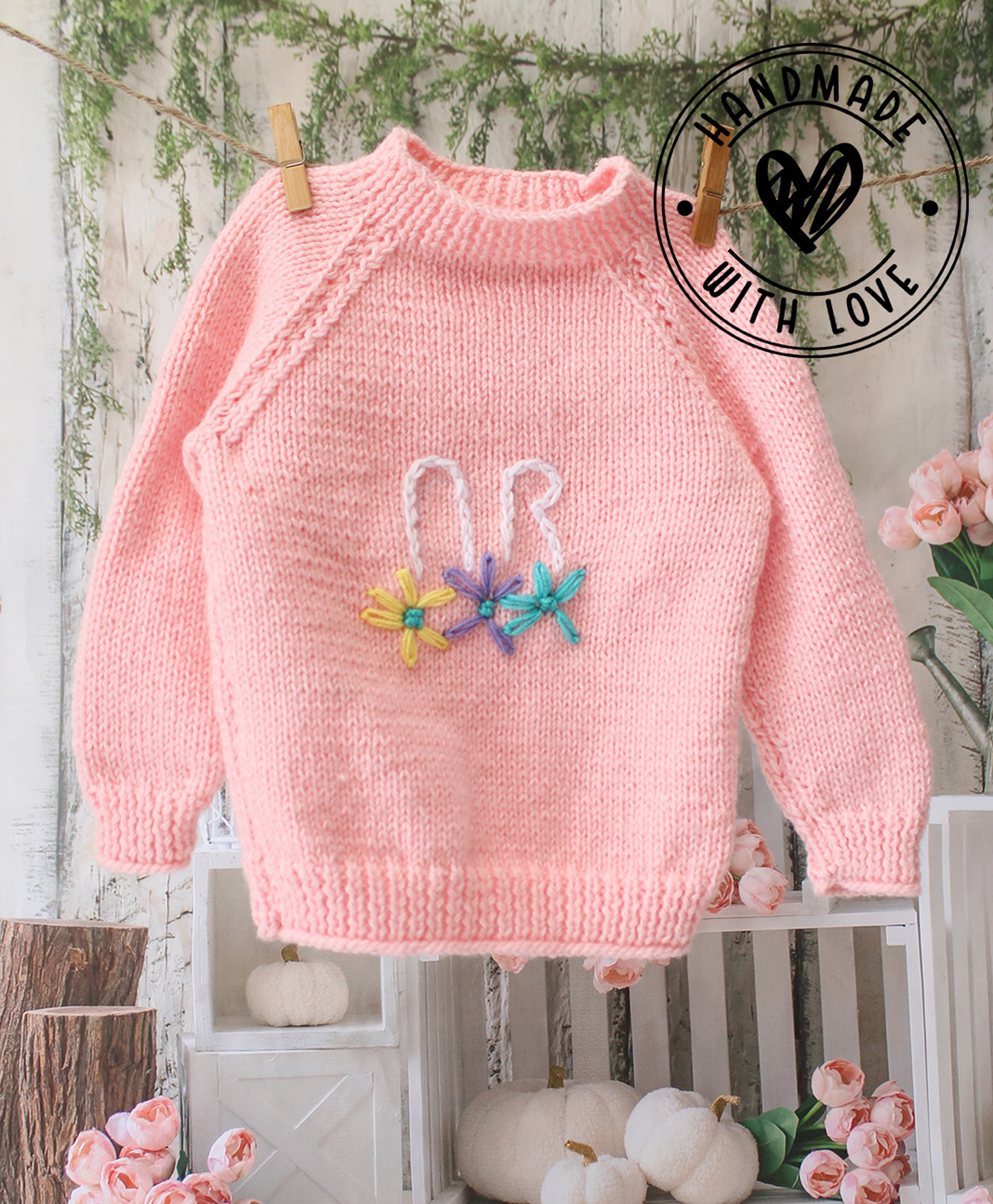 Woonie Hand Knitted Full Sleeves Floral Embroidered Sweater - Pink-picture-19