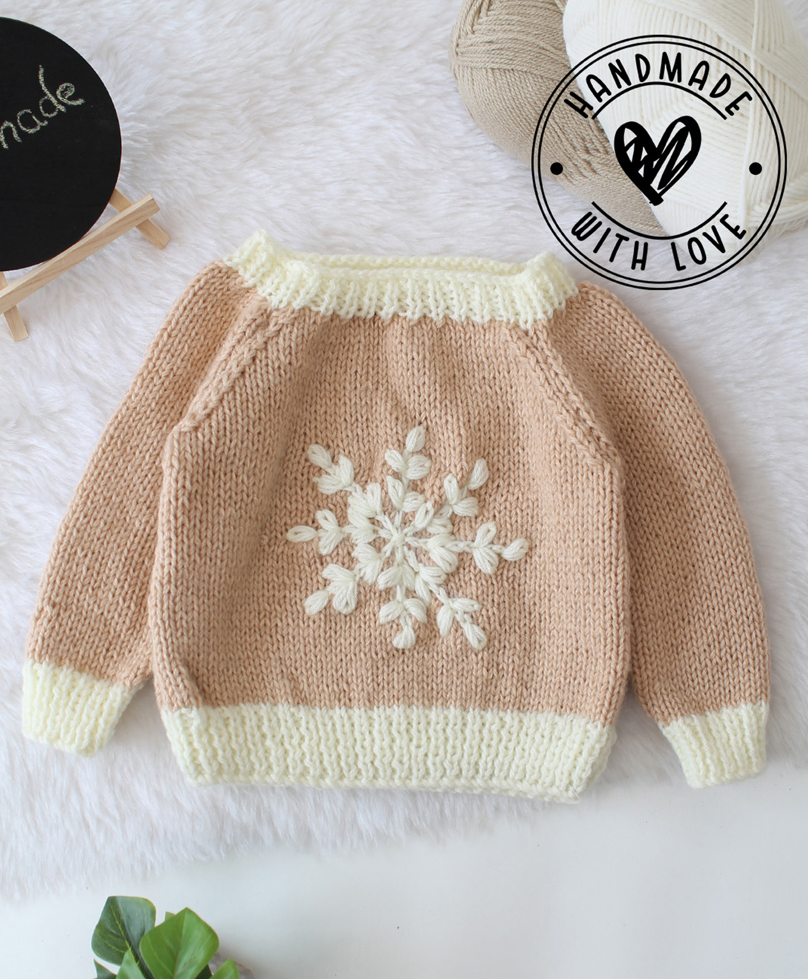 Woonie Hand Knitted Full Sleeves Snowflake Designed Sweater - Beige-picture-24