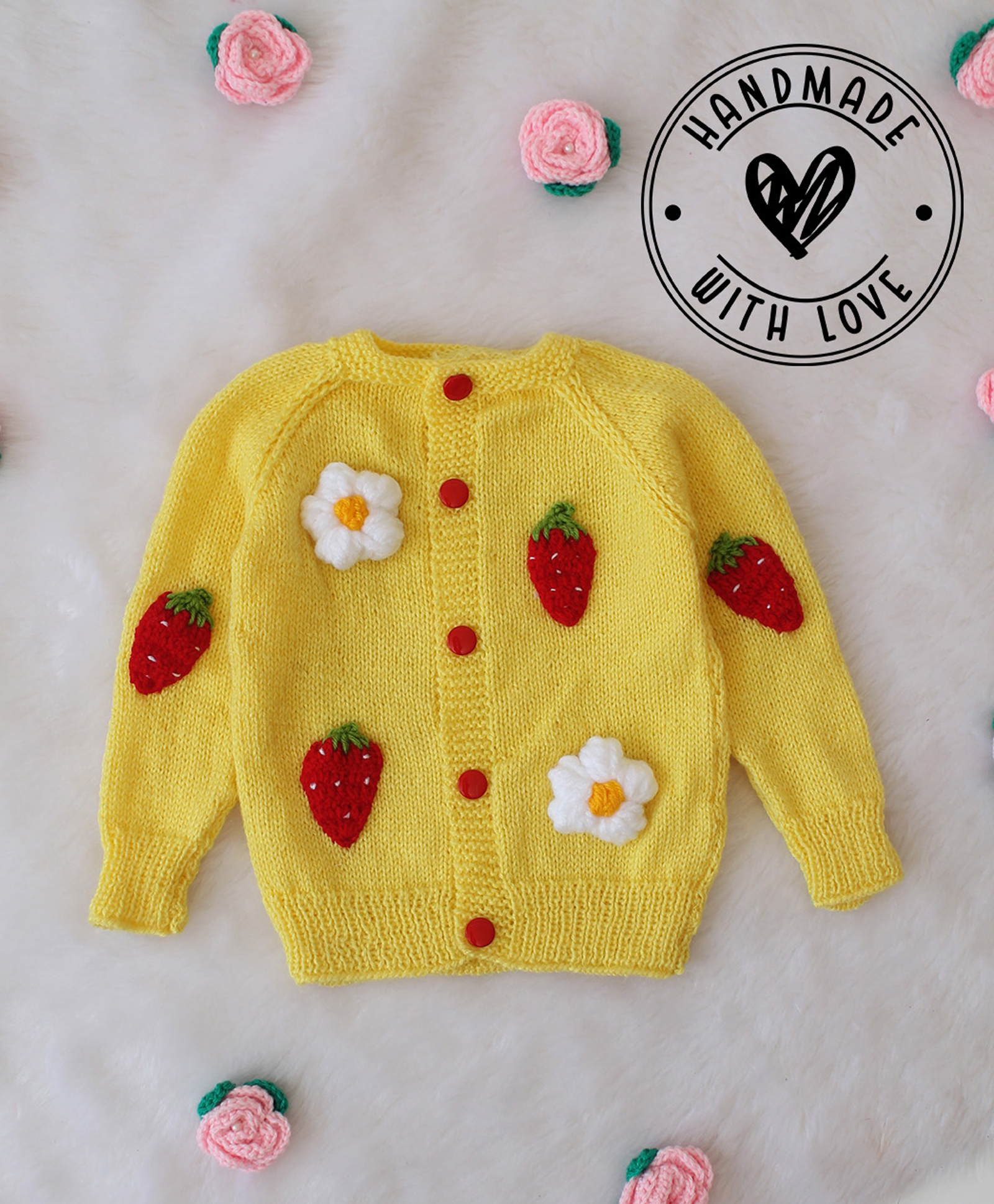 Woonie Hand Knit Full Sleeves Floral & Strawberry Applique Detailed Sweater - Yellow-picture-33