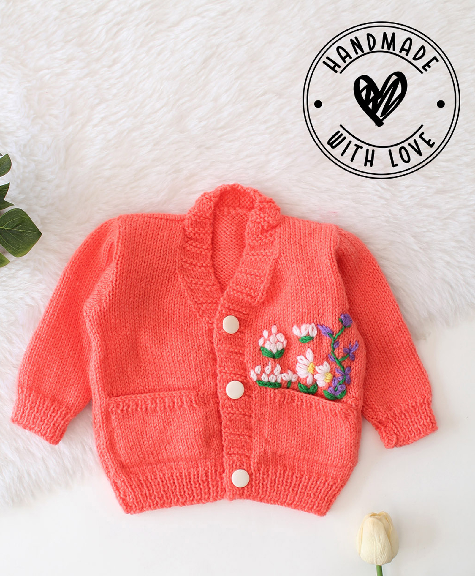 Woonie Hand Knit Full Sleeves Floral Embroidered Cardigan - Peach-picture-30