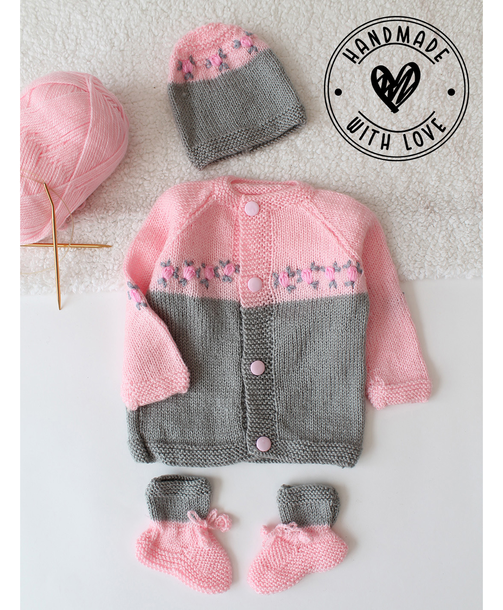 Woonie Hand Knit Full Sleeves Floral Embroidered Sweater With Cap & Booties Set - Pink-picture-35