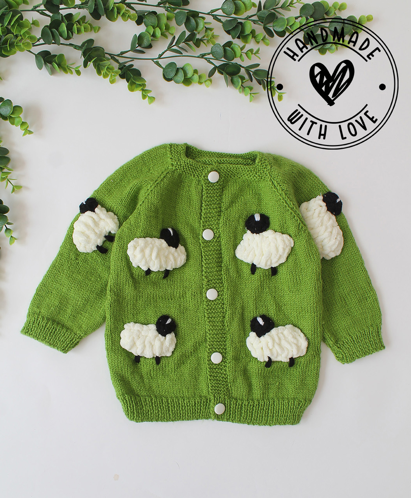 Woonie Hand Knit Full Sleeves Sheep Applique Detailed Sweater - Green-image-49