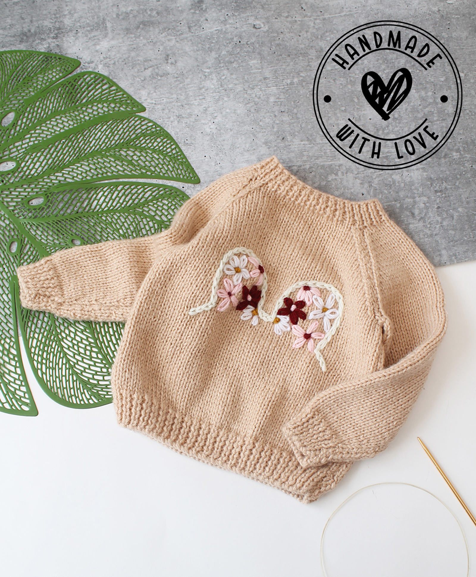 Woonie Hand Knit Full Sleeves Floral Embroidered Sweater - Beige-picture-25