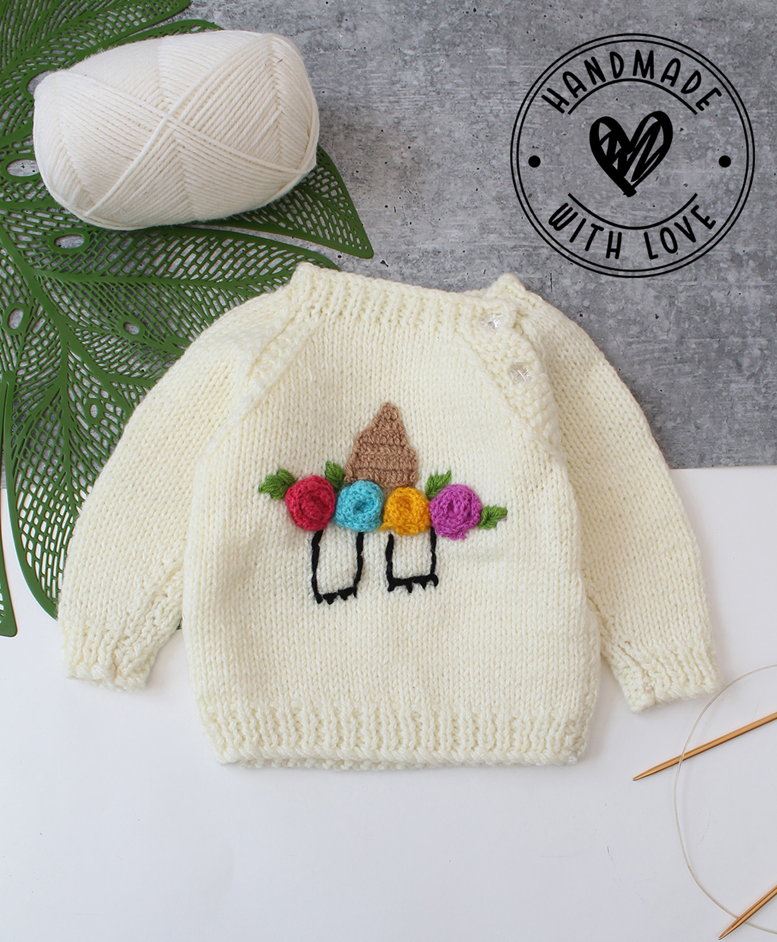 Woonie Hand Knit Full Sleeves Floral Designed Sweater - Cream-picture-19