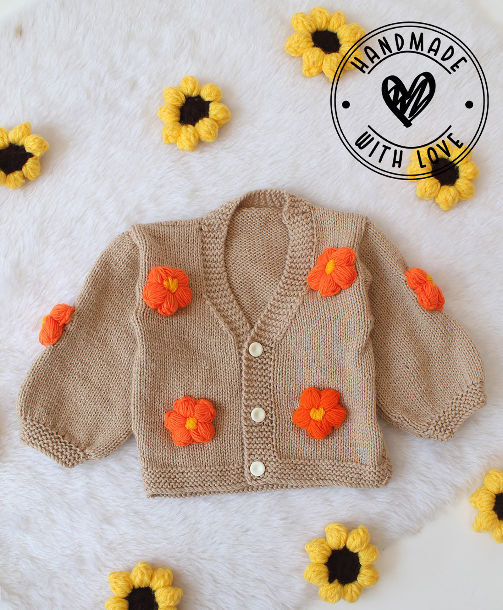 Woonie Hand Knit Full Sleeves Floral Applique Detailed Cardigan - Beige-image-45