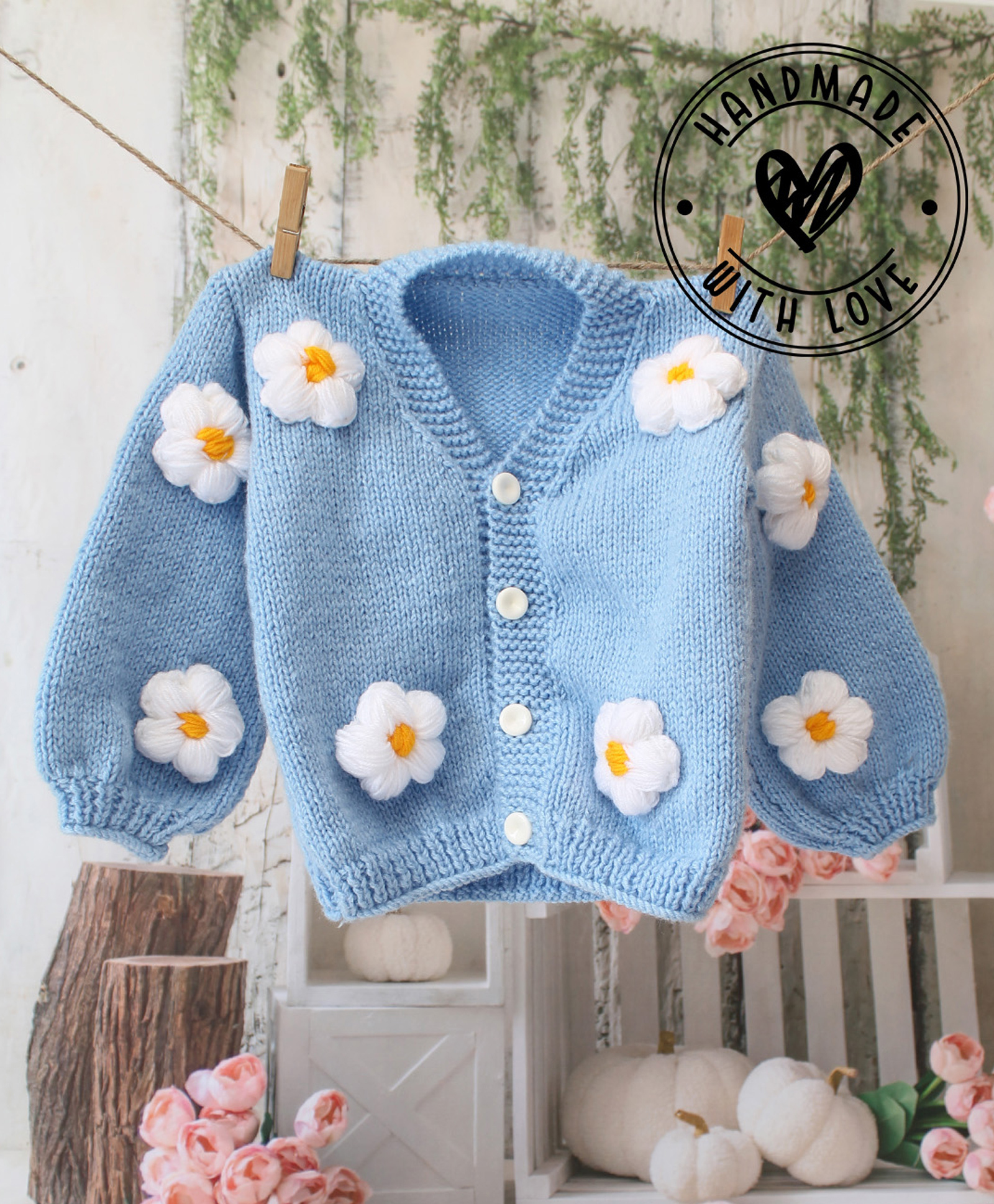 Woonie Hand Knit Full Sleeves Floral Applique Detailed Cardigan - Sky Blue-image-40