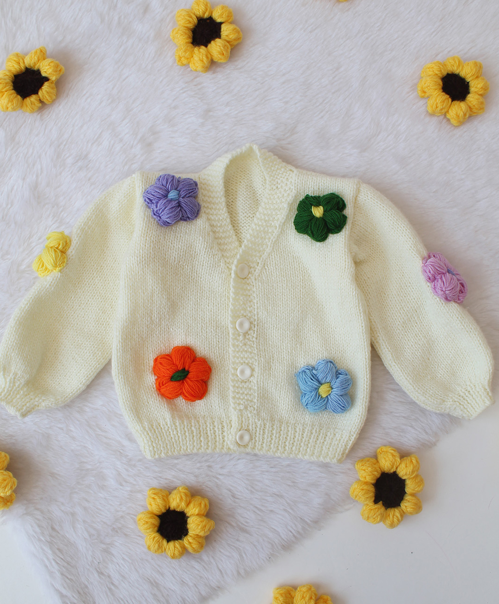 Woonie Hand Knit Full Sleeves Floral Applique Detailed Cardigan - Cream-picture-39