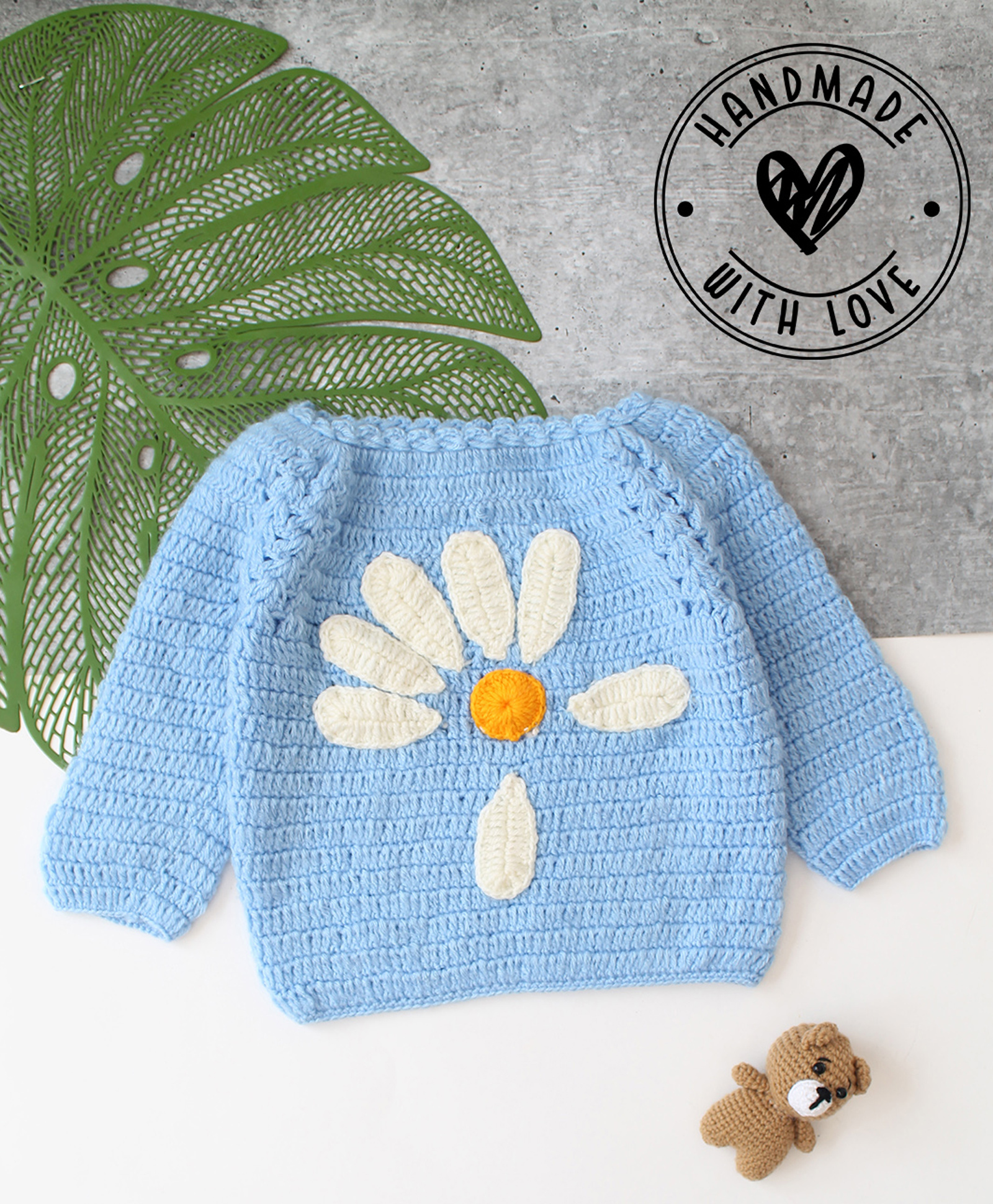 Woonie Hand Knit Full Sleeves Floral Applique Detailed Sweater - Sky Blue-picture-28