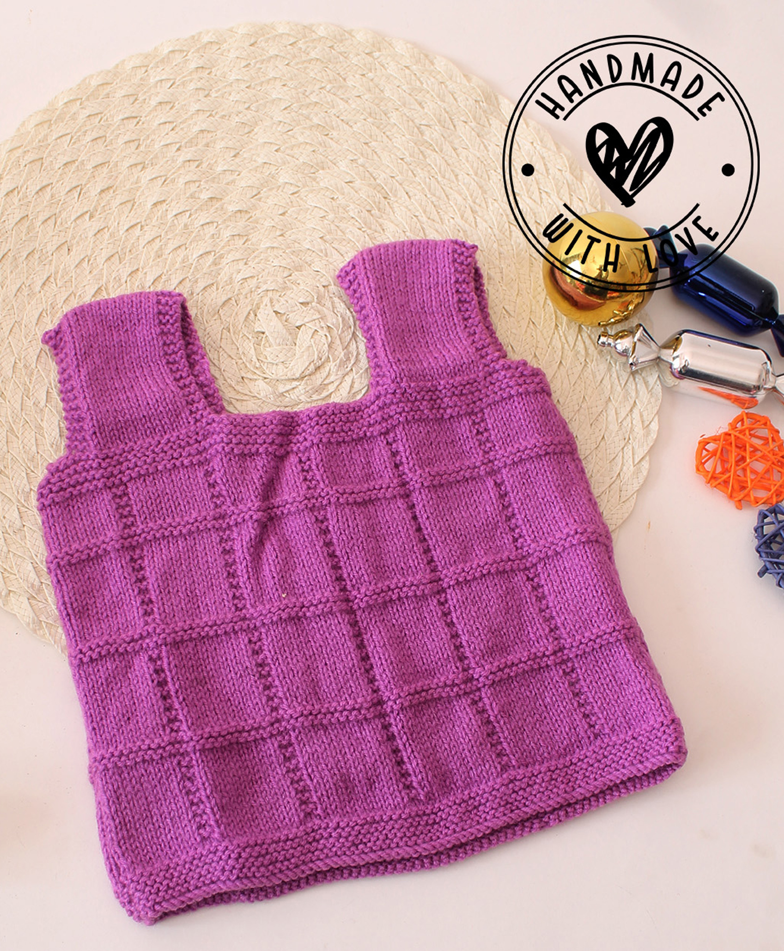 Woonie Hand Knitted Sleeveless Self Designed Sweater Vest - Purple-image-1