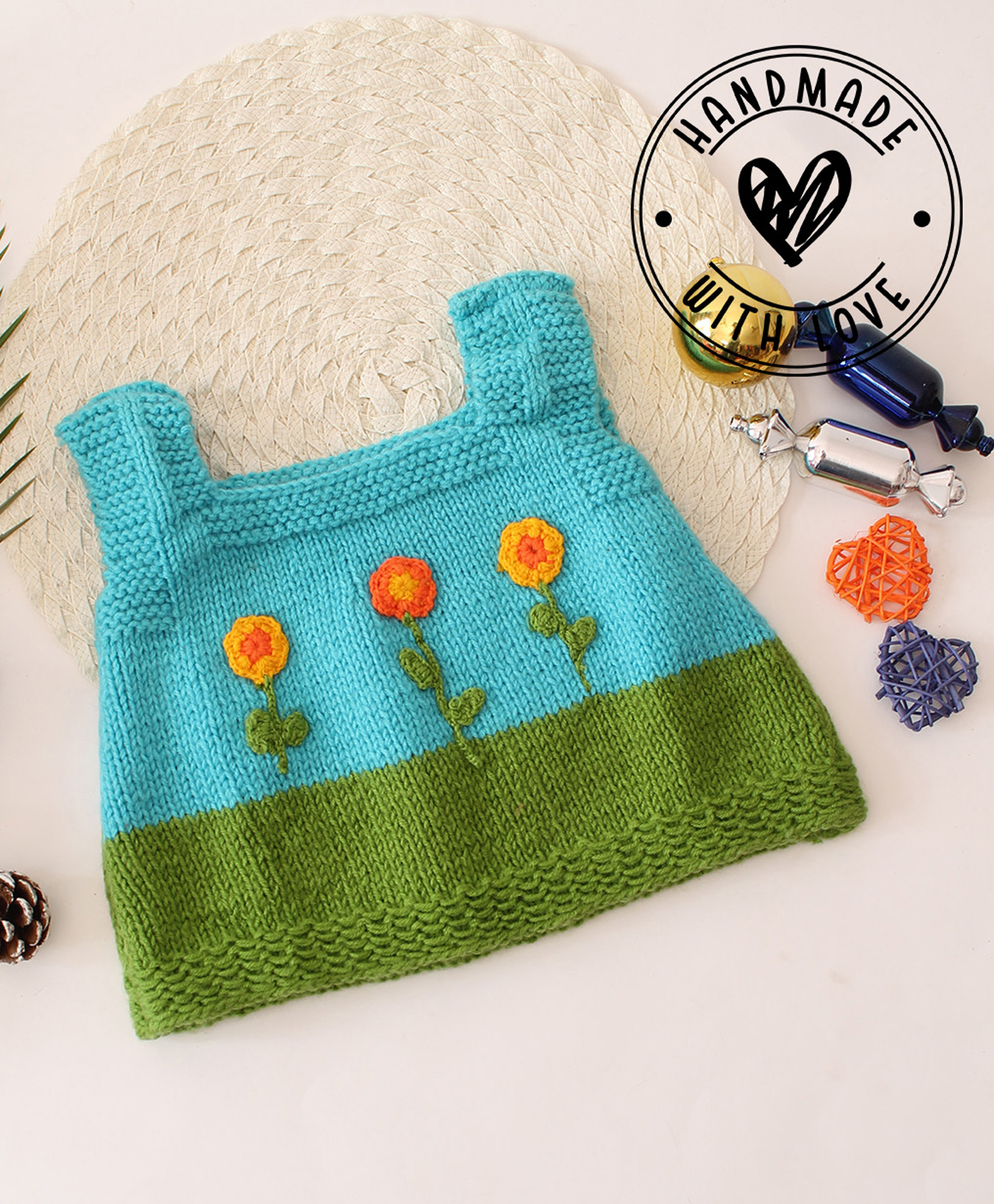 Woonie Hand Knitted Sleeveless Floral Embroidered Vest - Blue-picture-15