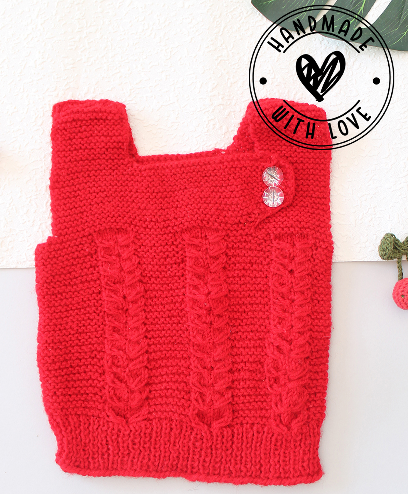 Woonie Hand Knitted Sleeveless Self Designed Sweater - Red-image-40