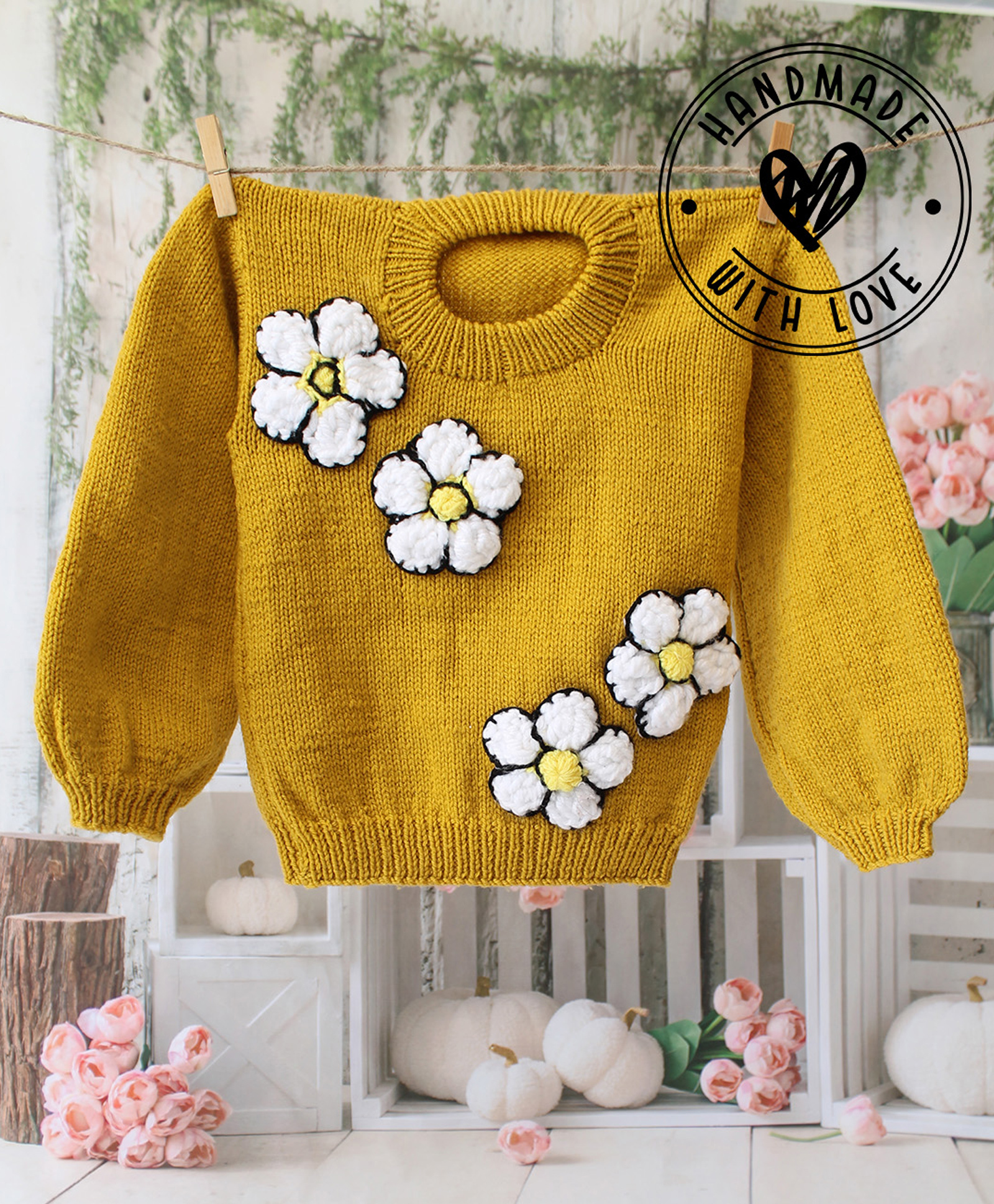Woonie Hand Knit Full Sleeves Floral Applique Detailed Sweater - Mustard-picture-37