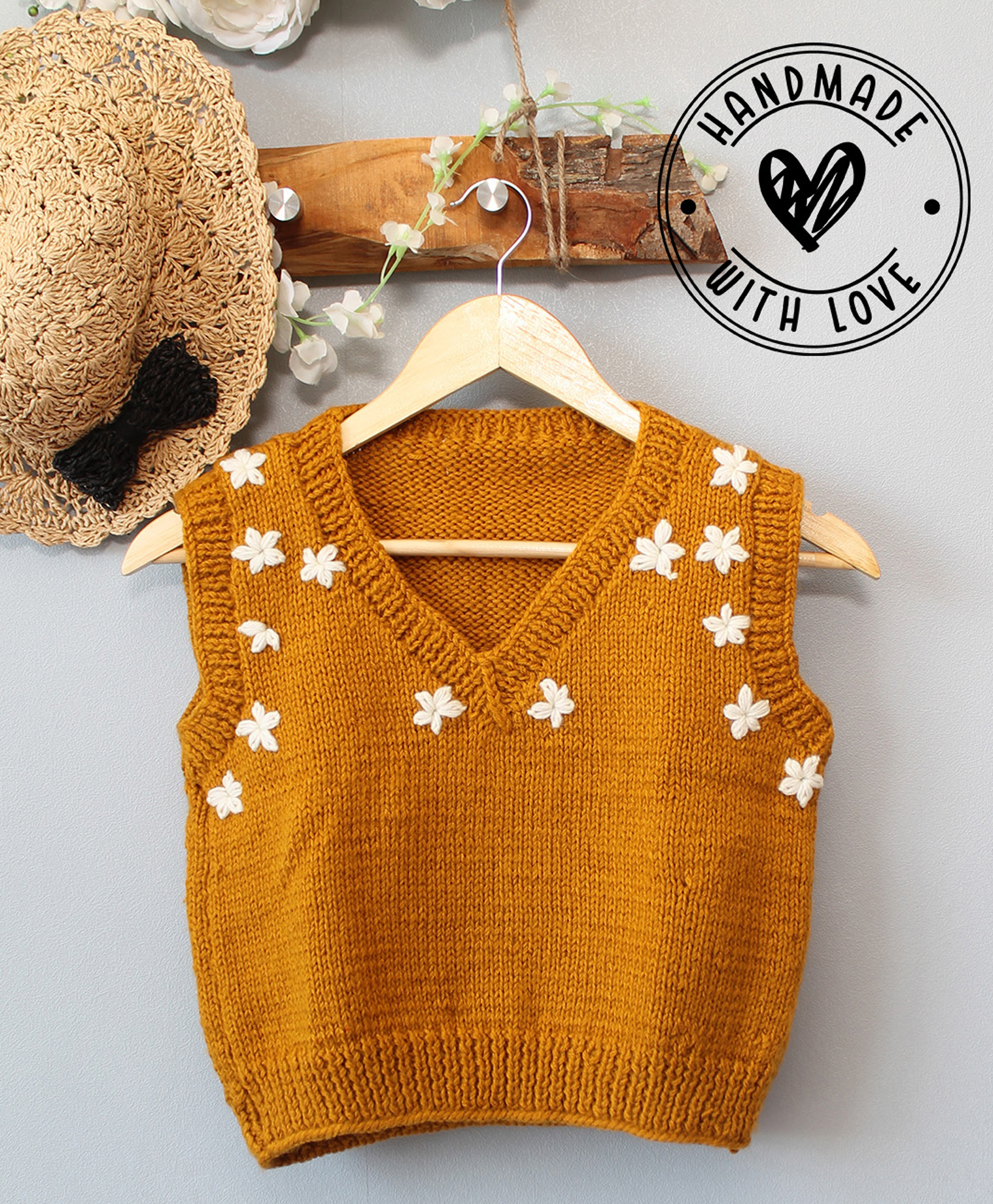 Woonie Hand Knit Sleeveless Floral Embroidered Sweater Vest - Mustard-image-6