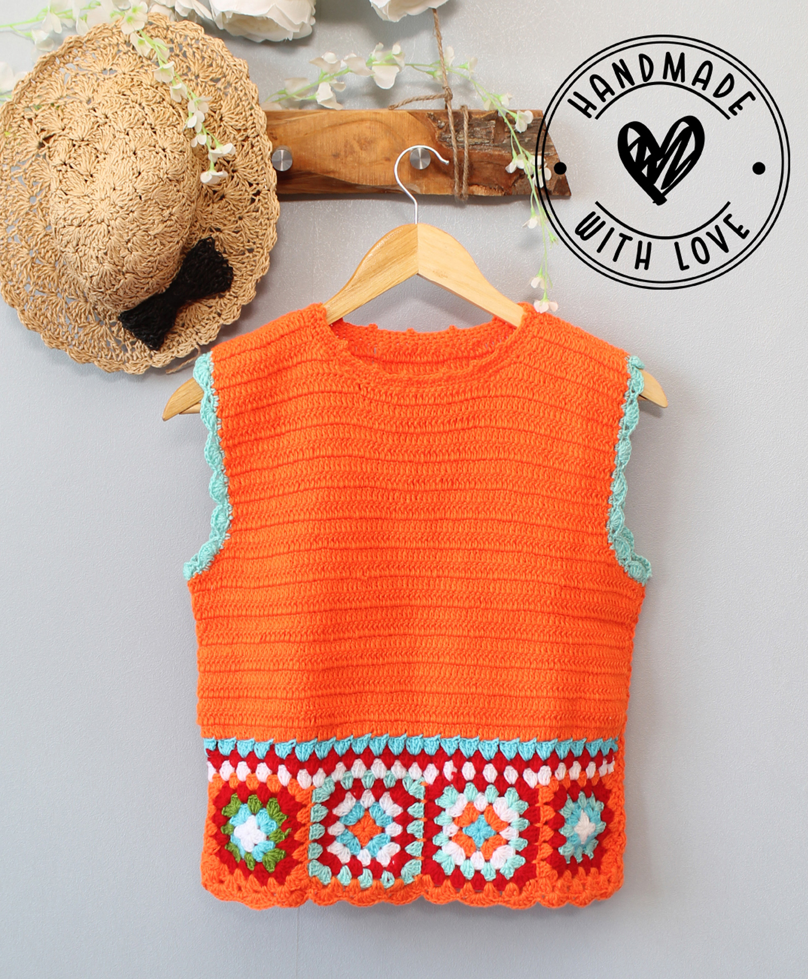 Woonie Hand Knit Sleeveless Geometric Designed Sweater Vest - Orange-image-6