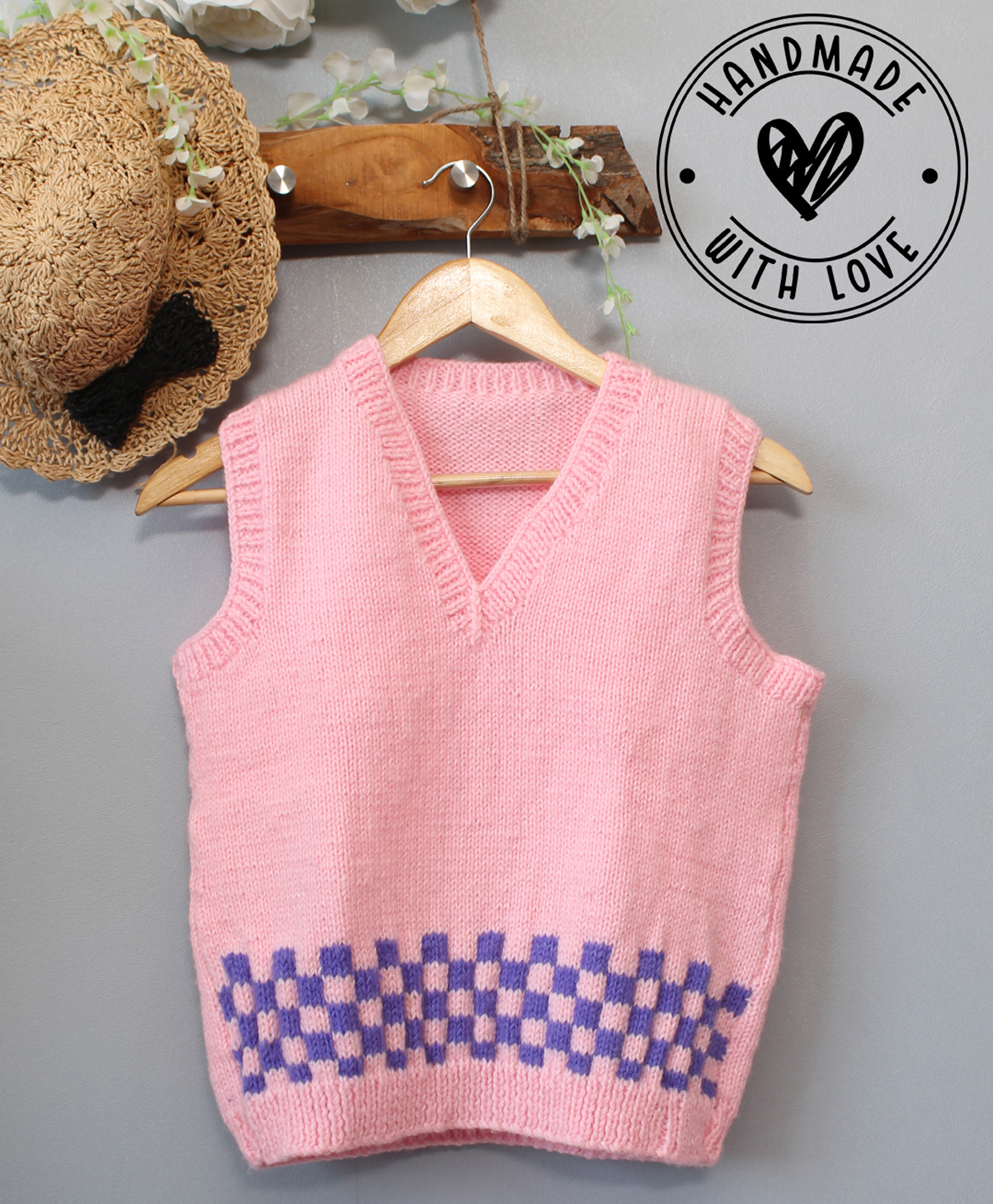Woonie Hand Knit Sleeveless Checked Sweater Vest - Pink-picture-16