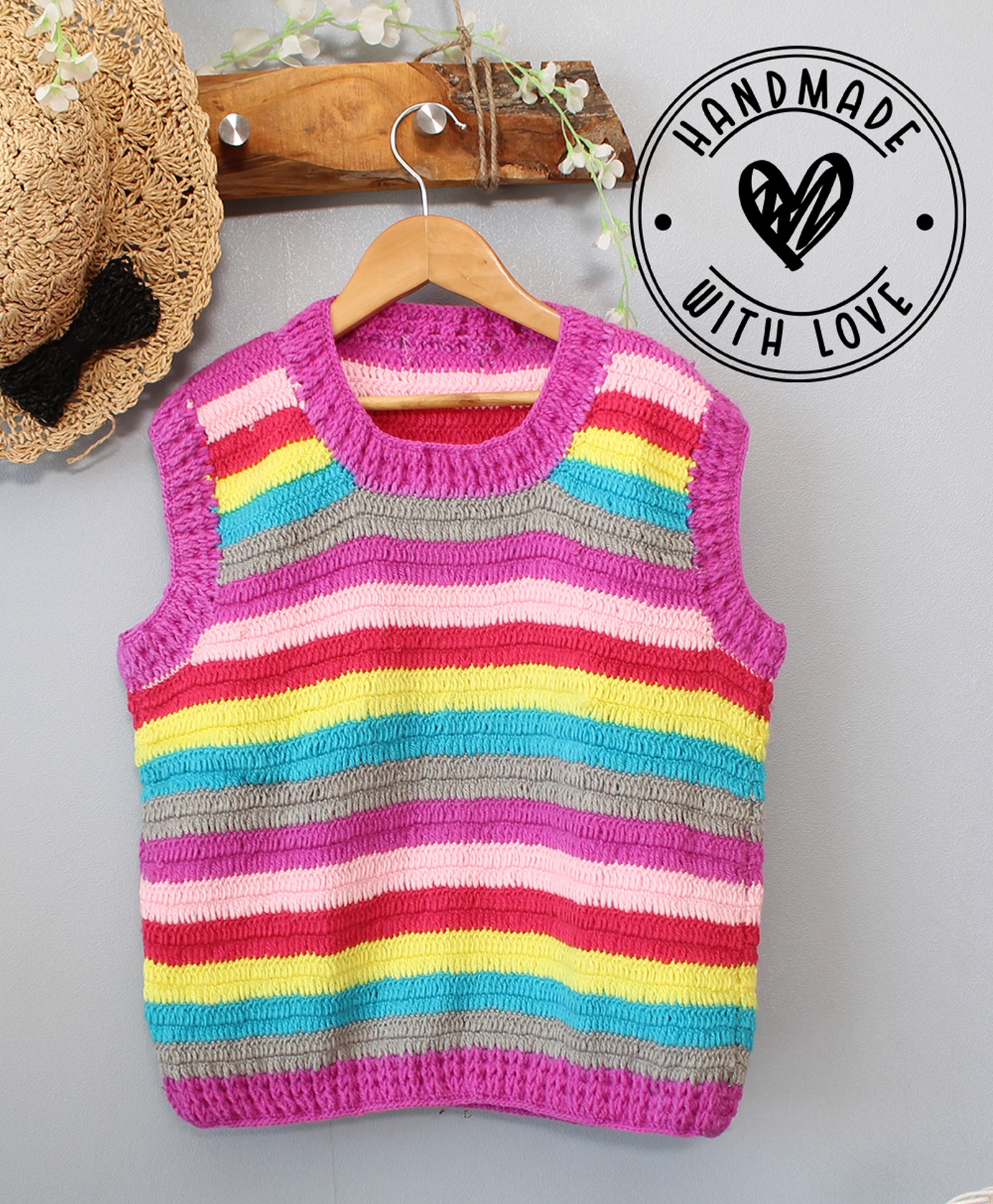 Woonie Hand Knitted Sleeveless Striped Sweater - Multi Colour-image-3