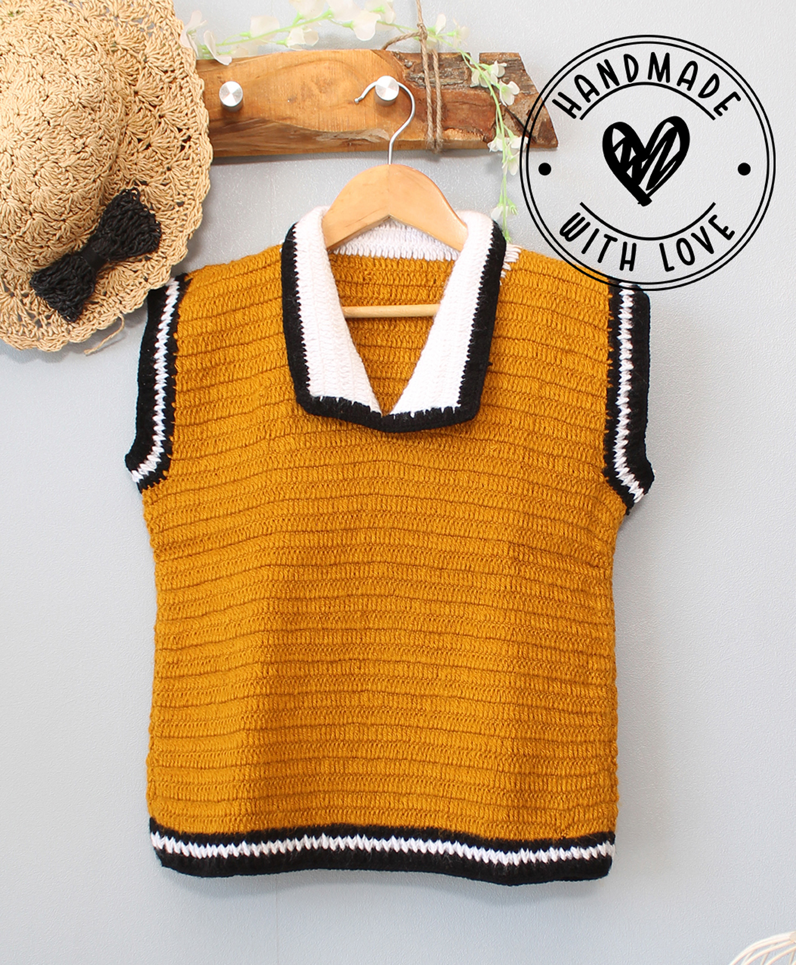 Woonie Hand Knitted Sleeveless Colour Blocked Sweater - Mustard-picture-20