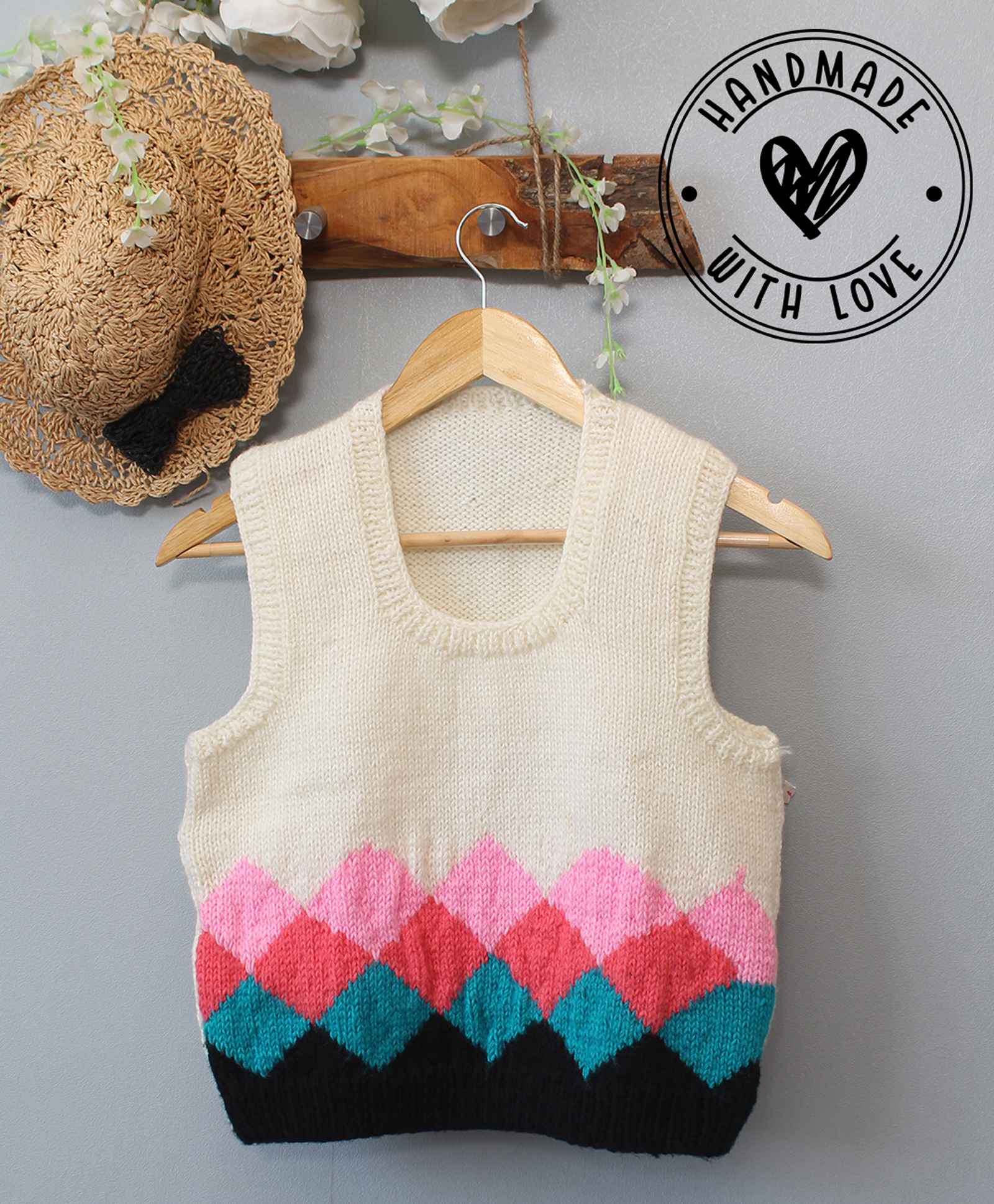 Woonie Hand Knitted Sleeveless Argyle Designed Sweater - Cream-image-43
