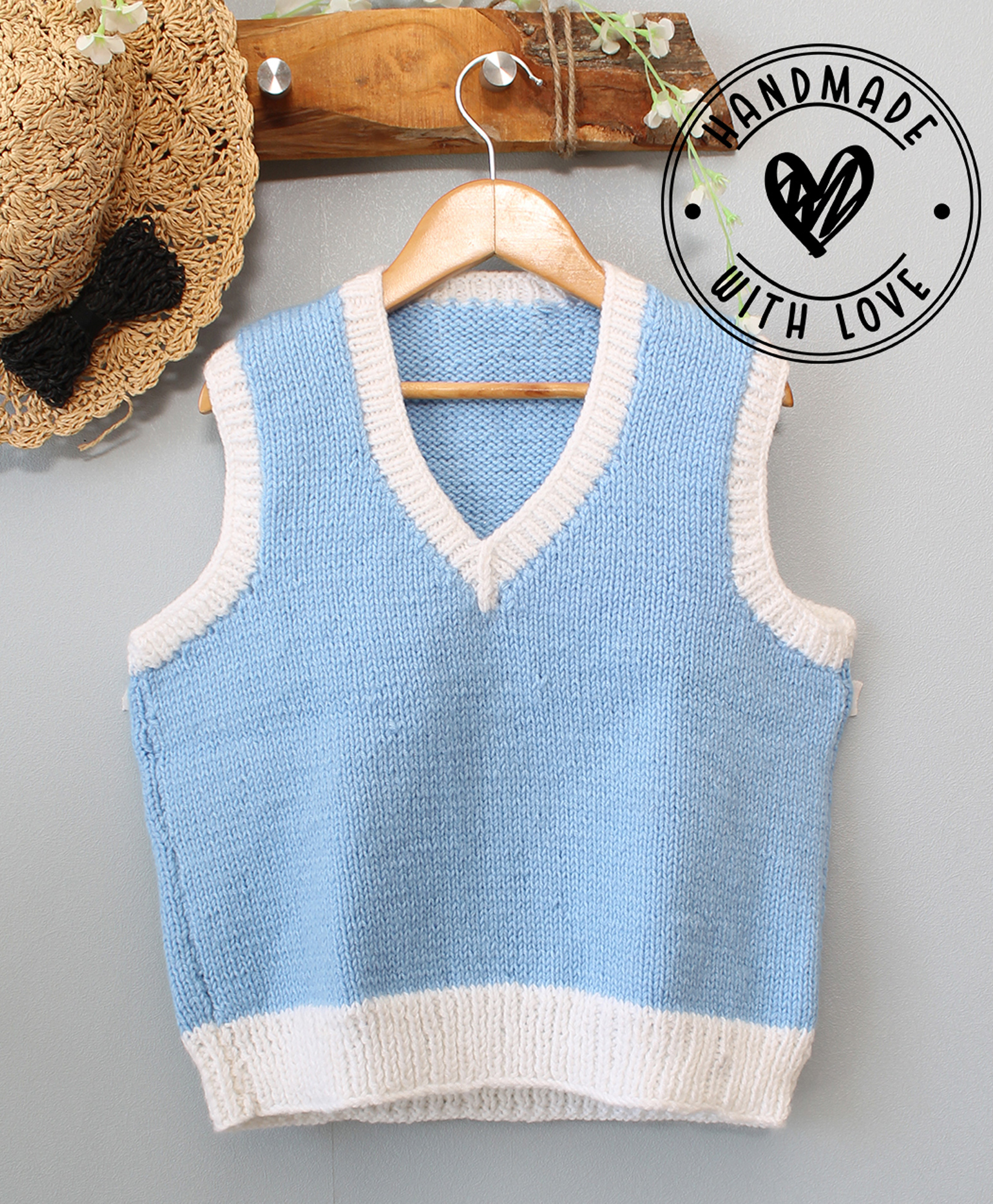 Woonie Hand Knitted Sleeveless Self Designed Sweater - Blue-picture-16