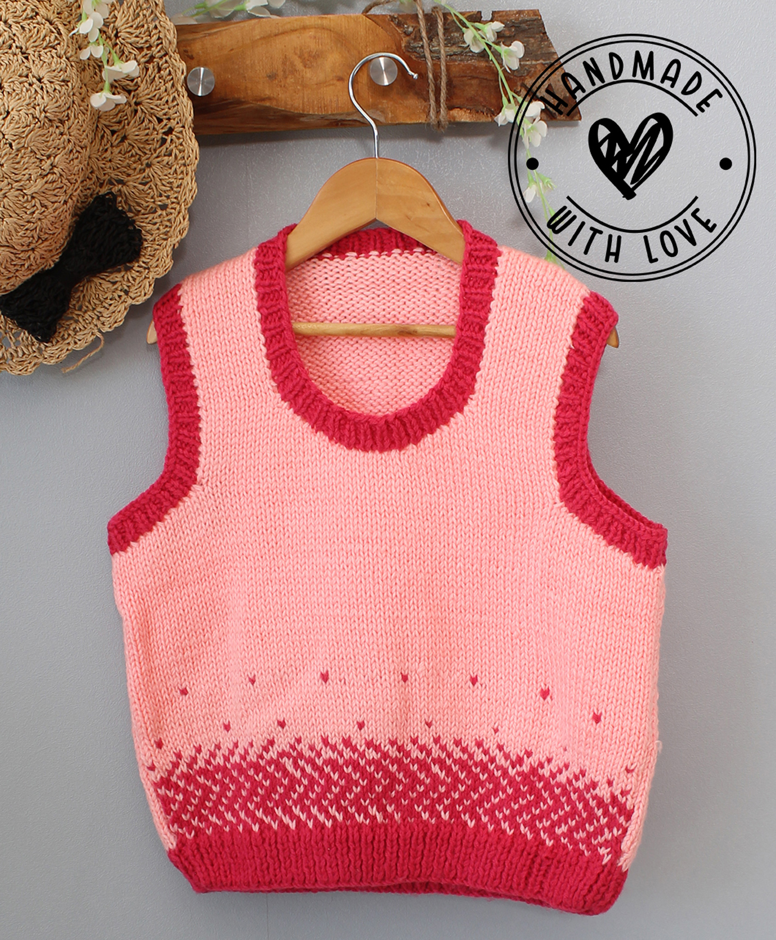 Woonie Hand Knitted Sleeveless Self Designed Sweater - Pink-image-33