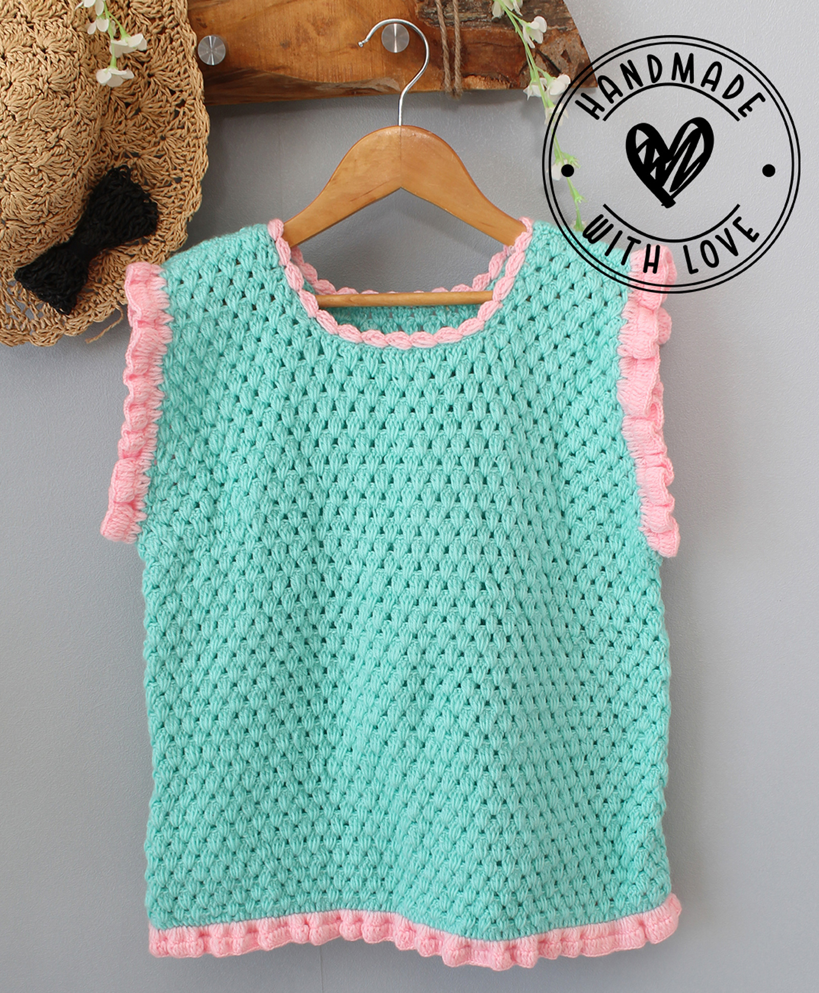 Woonie Hand Knitted Sleeveless Self Designed Sweater - Green-picture-13
