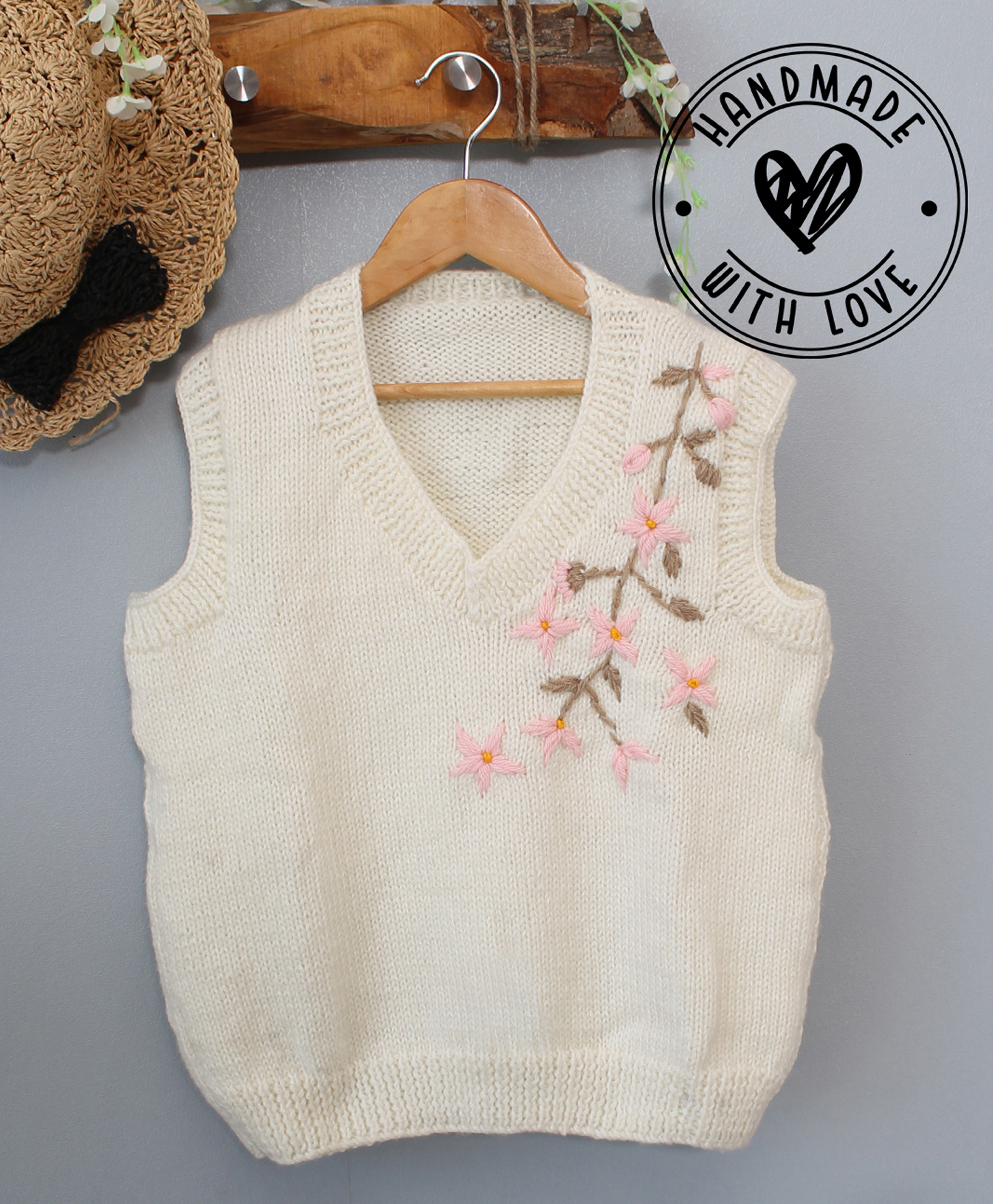 Woonie Hand Knitted Sleeveless Floral Embroidered Sweater - Cream-picture-15